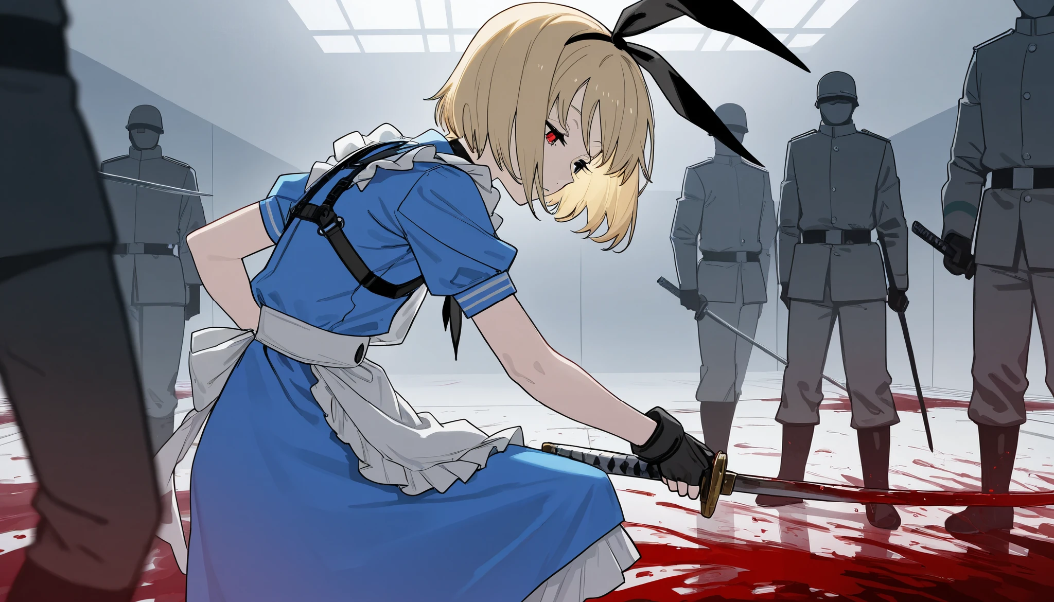 1girl, solo, standing, from side, newest, highres, highly detailed, best quality, masterpiece, stylish pose, (soldiers being cut, those who have fallen background),
(weapon, katana, waist holding katana:1.5, perfect katana, point the blade far away), (light blue maid dress), white frill, white maid apron, black fingerless gloves, short sleeves, black Headband, shimakaze black ribbon, splattered blood, heavy bleeding, blood in hair, blood on clothes, pool of blood, black Body harness, soldiers being cut,
Expressionless, half closed eyes, slit pupils, heterochromia, lightblue eye, red eye, bangs, blonde hair, bob cut,
score_9, score_8_up, score_8,source_anime,