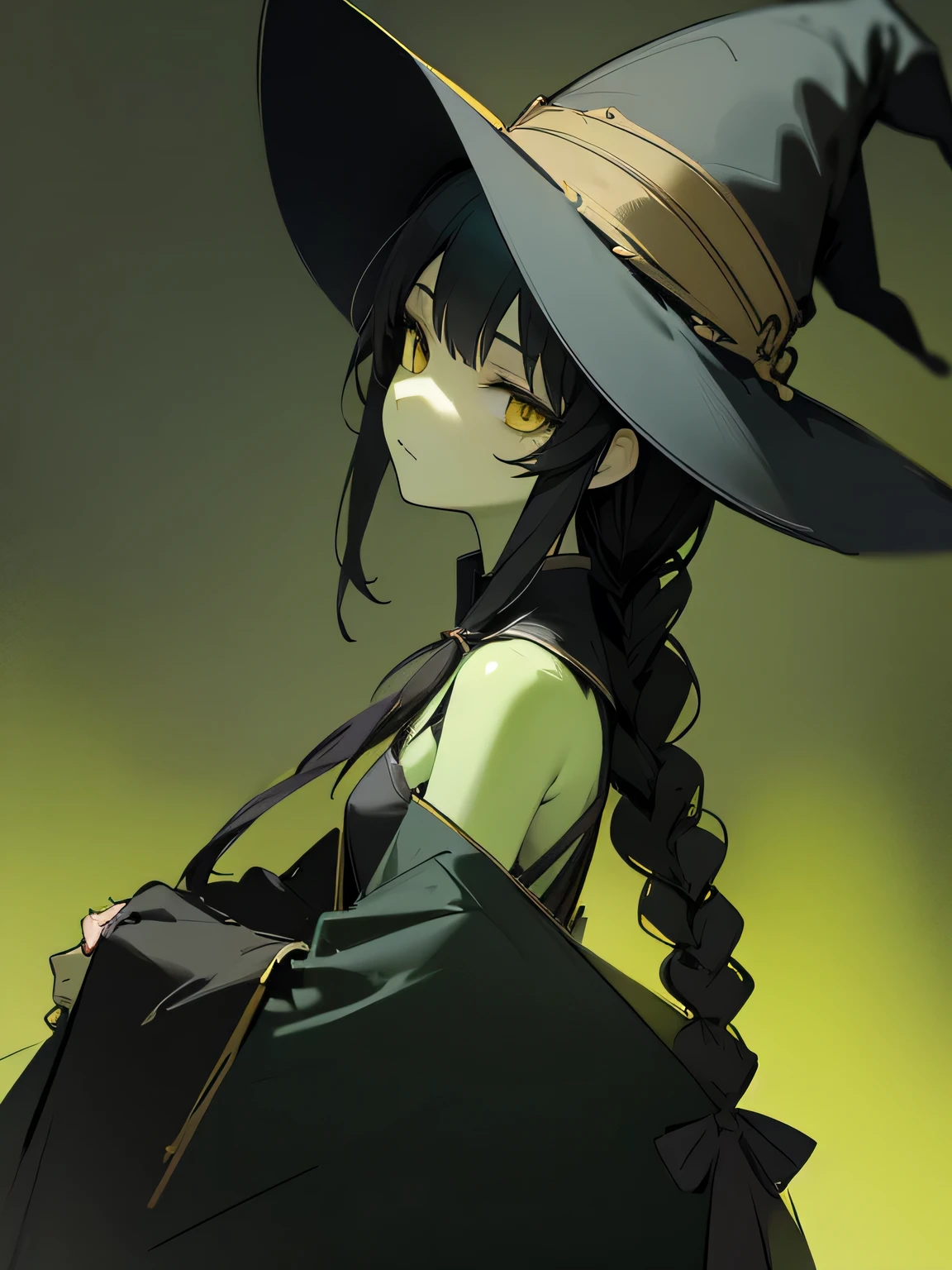 (sideview),Alone, in the seat, Witch Dress , witch hat , ( expressionless ), Green Skin, black hair, yellow eyes, (black color single braid) ,( manga style),(sketch),(illustration), Masterpiece, Best Quality ,