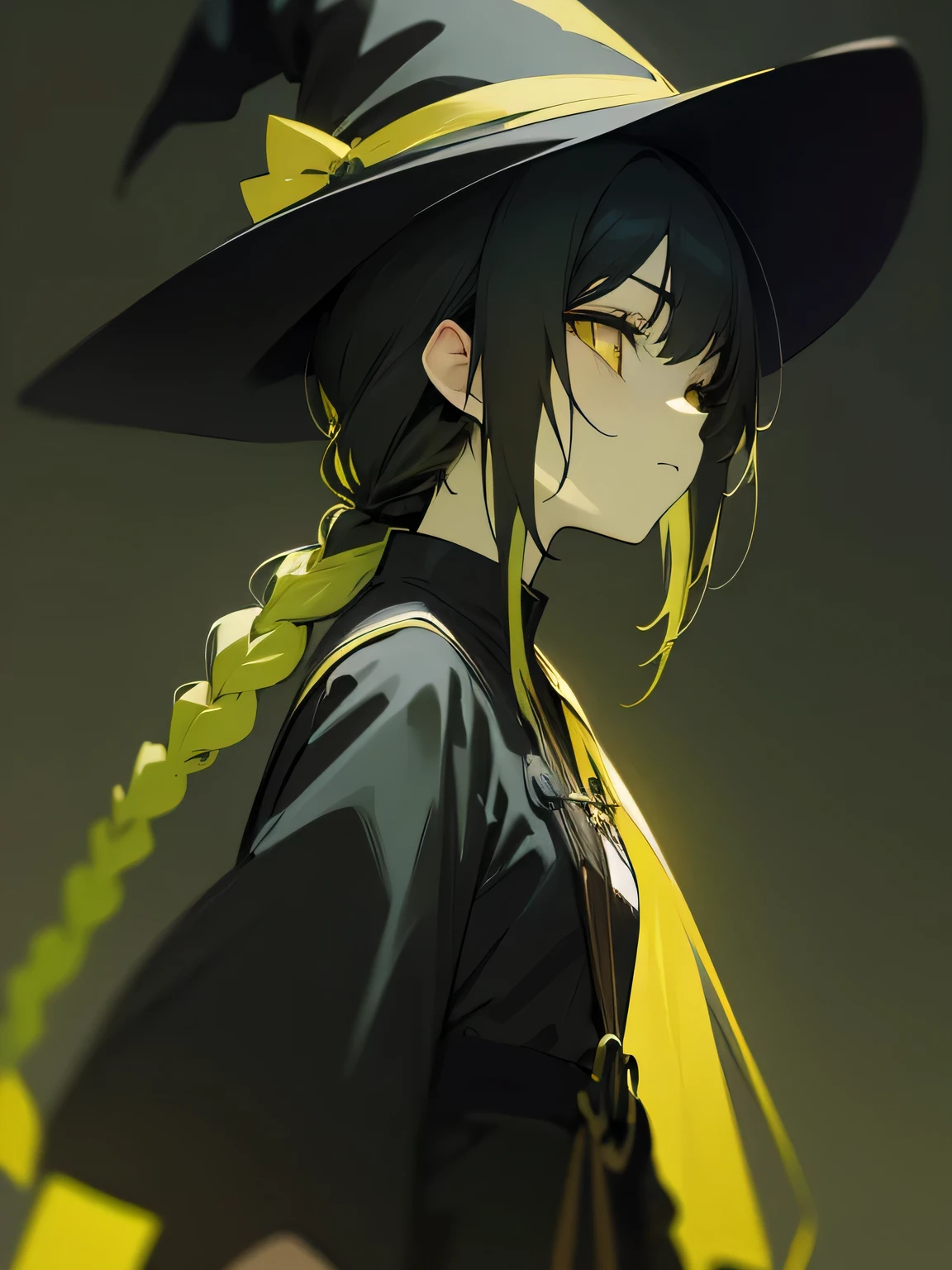 (sideview),Alone, in the seat, Witch Dress , witch hat , ( expressionless ), Green Skin, black hair, yellow eyes, (black color single braid) ,( manga style),(sketch),(illustration), Masterpiece, Best Quality ,