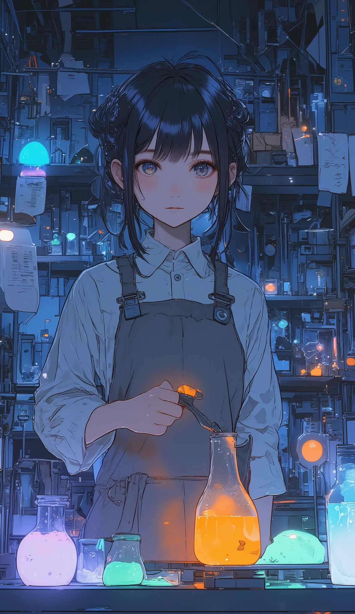 Secret Laboratory / secret laboratory / secret laboratory、anime調、anime、((( slime:1.7、 Various Precious Metals :1.7、Laboratory with round spherical slime:1.7、><facial slime)))、 's room 、Free research、夏休みのFree research、、Thick fabric apron、Girl who makes heat-resistant apron 、Slime and experiments:1.5、Slime manufacturing、Slime manufacturing研究、Mysterious machine、Dimly lit laboratory、Suspicious Indirect Lighting