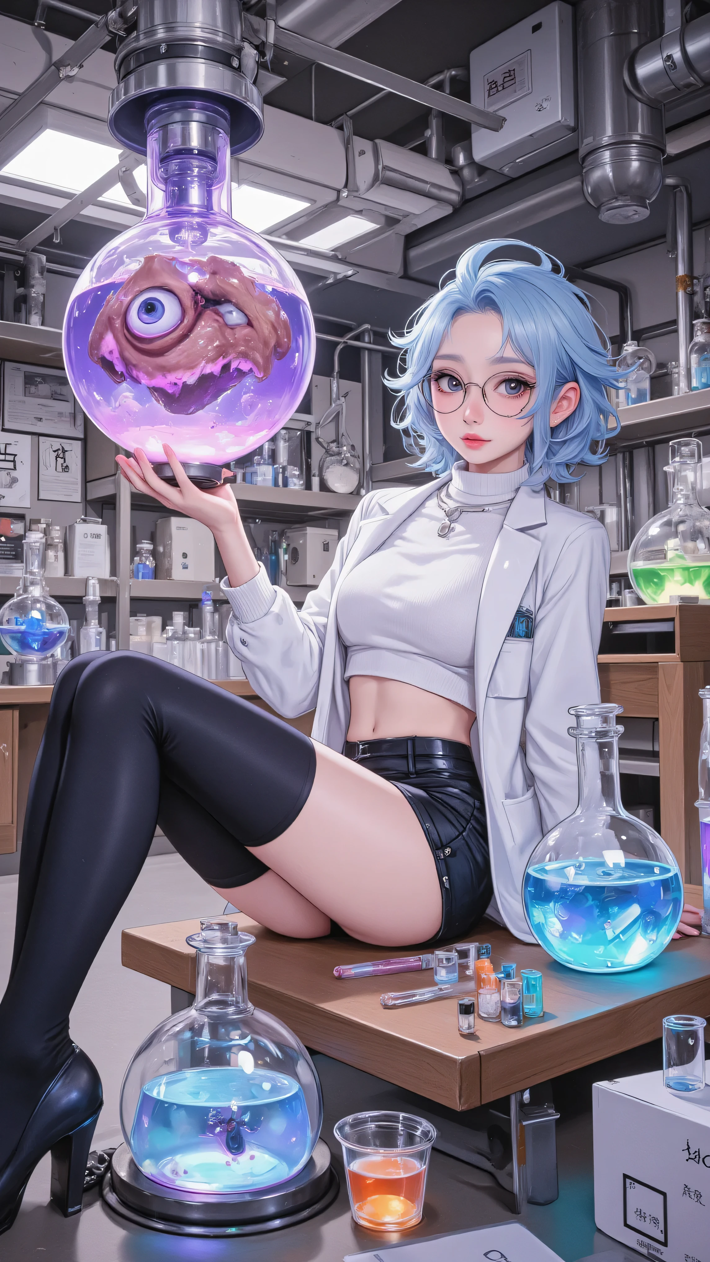 (masterpiece, best quality, amazing quality, very aesthetic, absurdres, newest, good anatomy, good finger), (laboratory, A large liquid-filled incubation chamber, center), (A chunk of meat with one eye, mysterious machine) BREAK holding the Hatching Chamber) BREAK Experimental, White coat BREAK white sweater BREAK tight black mini skirt BREAK (1girl, mad scientist, big tits, big ass, crazy eyes, big round glasses, evil smile, Jagged teeth, shaggy blue hair), flask full of potions, (dynamic angle, animate action, Round flask, test tube, colorful liquids)