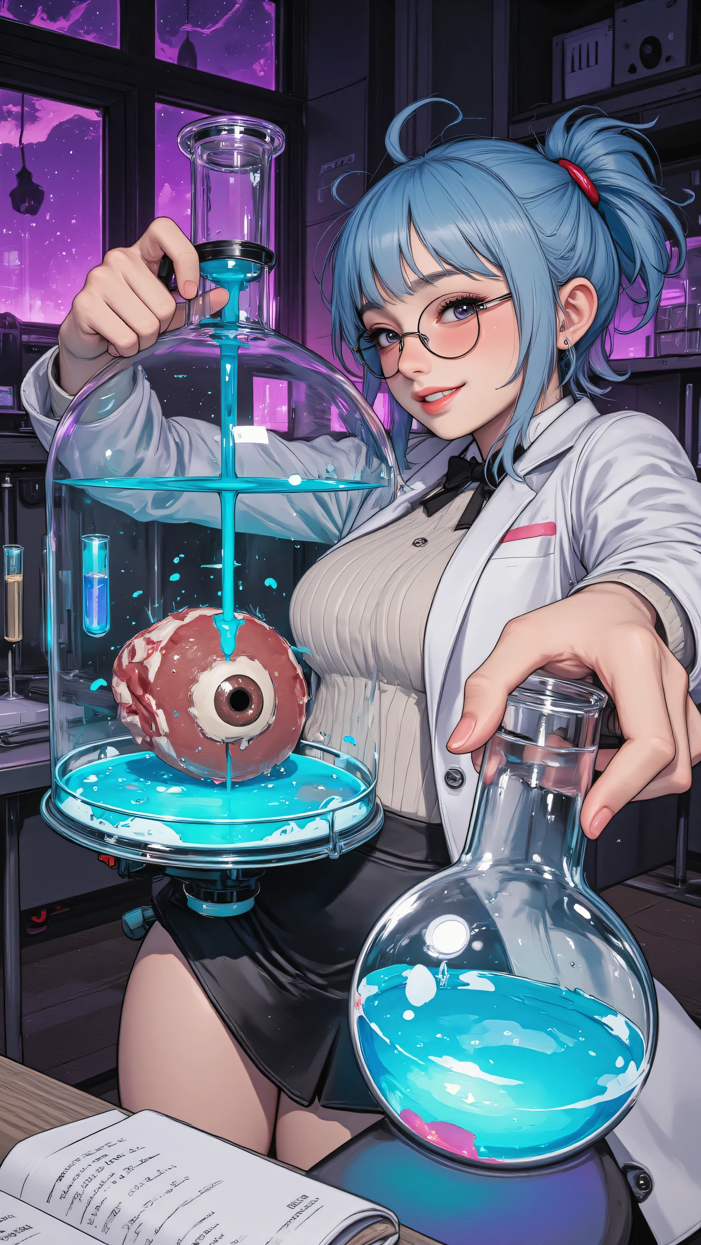 (masterpiece, best quality, amazing quality, very aesthetic, absurdres, newest, good anatomy, good finger), (laboratory, A large liquid-filled incubation chamber, center), (A chunk of meat with one eye, mysterious machine) BREAK holding the Hatching Chamber) BREAK Experimental, White coat BREAK white sweater BREAK tight black mini skirt BREAK (1girl, mad scientist, big tits, big ass, crazy eyes, big round glasses, evil smile, Jagged teeth, shaggy blue hair), flask full of potions, (dynamic angle, animate action, Round flask, test tube, colorful liquids)