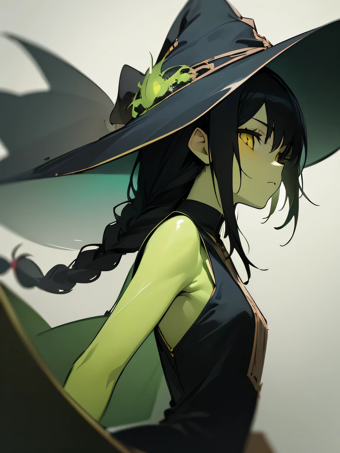 (sideview),Alone, in the seat, Witch Dress , witch hat , ( expressionless ), Green Skin, black hair, yellow eyes, (black color single braid) ,( manga style),(sketch),(illustration), Masterpiece, Best Quality ,