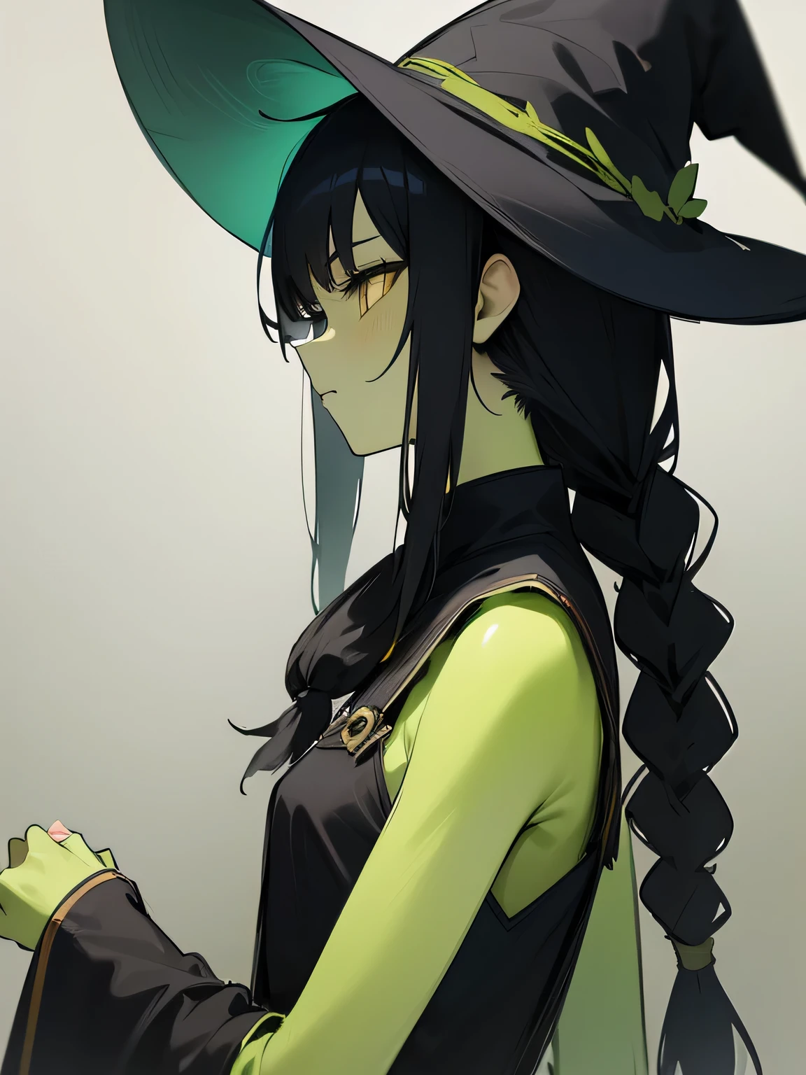 (sideview),Alone, in the seat, Witch Dress , witch hat , ( expressionless ), Green Skin, black hair, yellow eyes, (black color single braid) ,( manga style),(sketch),(illustration), Masterpiece, Best Quality ,