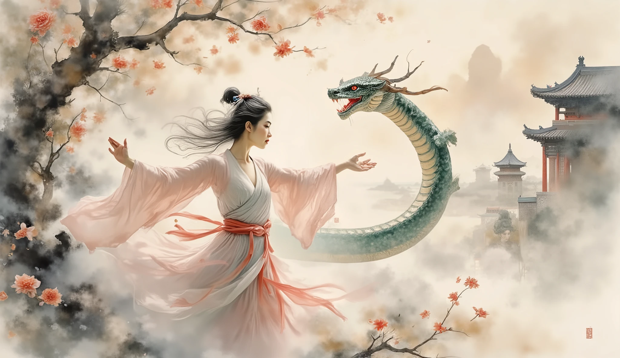 fine art chinese ink painting depicting harmonious dance between celestial snake and classical chinese beauty, woman's traditional hanfu robes flow in spiritual dance, dreamy clouds surround figures, architectural silhouette of forbidden city in far background, masterful brushwork with soft color washes, peaceful morning atmosphere