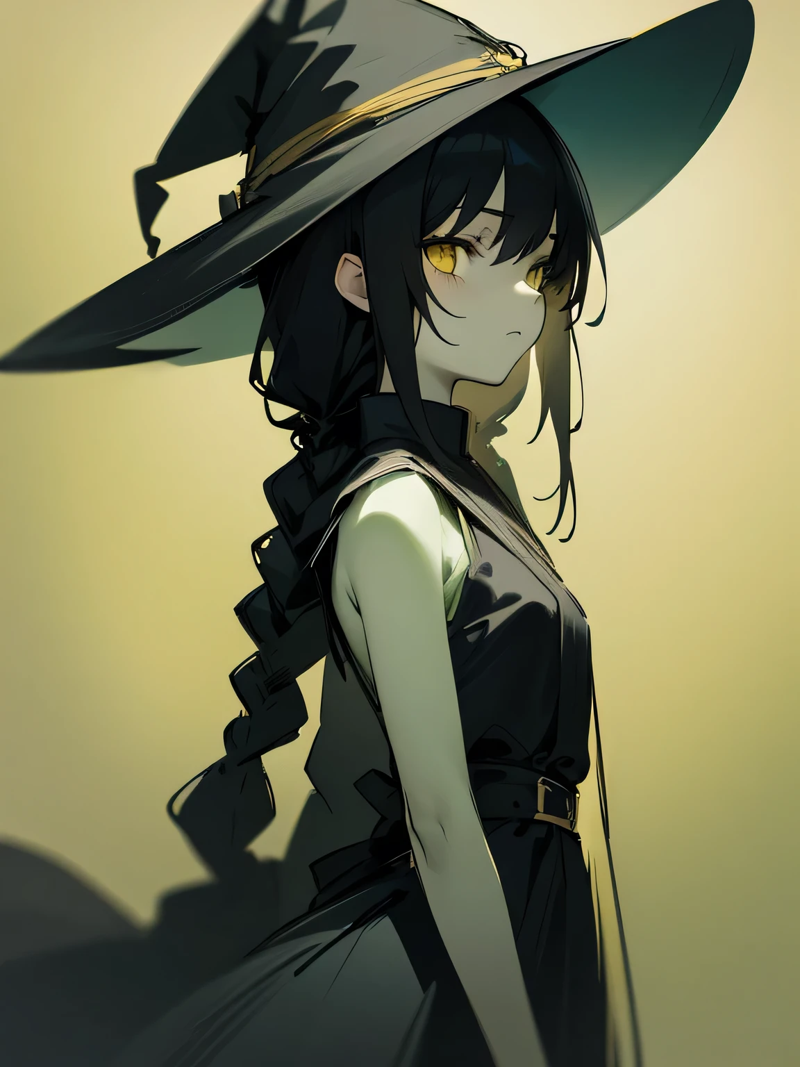 (sideview),Alone, in the seat, Witch Dress , witch hat , ( expressionless ), Green Skin, black hair, yellow eyes, (black color single braid) ,( manga style),(sketch),(illustration), Masterpiece, Best Quality ,