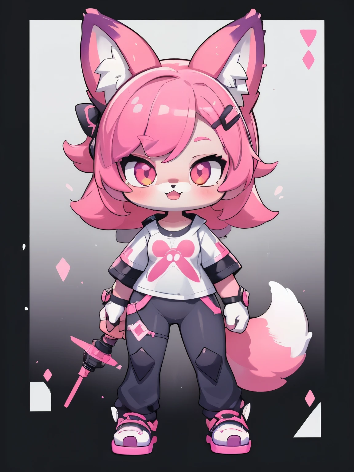  Female hairy pink fox  ,  Fox Ears ,  three fox tail  ,  wide hips , White Skin Body ,  simple background ,  full body, standing,  chibi. (cyberpunk style), ( High Quality ,  thong, 8k,  high resolution), ((estilo  chibi,  chibi cute)), ( alone,  A girl ), { fox girl, Fox Face, 2 fangs  ,  long lashes,  eyeliner } { fox mustaches  }, (((  Fox skin over the body ,  fox stripes on the body  , visible ears  ))), ((  long pink hair )),  hair clip , ((very happy)), (( open-mouthed)), [Rainbow pupil  ], (( Looking up )), ( very small breasts ), thin arms, (  arm down), --((( white t-shirt,  legging pants )))--, {{{ mini tiger tail  ,  tail on the back  }}}, (((  Blow from above the body  ))), (((standing))),  black background,  simple background , (((( estilo Anya em Spy x Family e Sakura em Sakura card captors)))), ((  Dazzling vivid color  )),  anime style , Perfect Atomy .