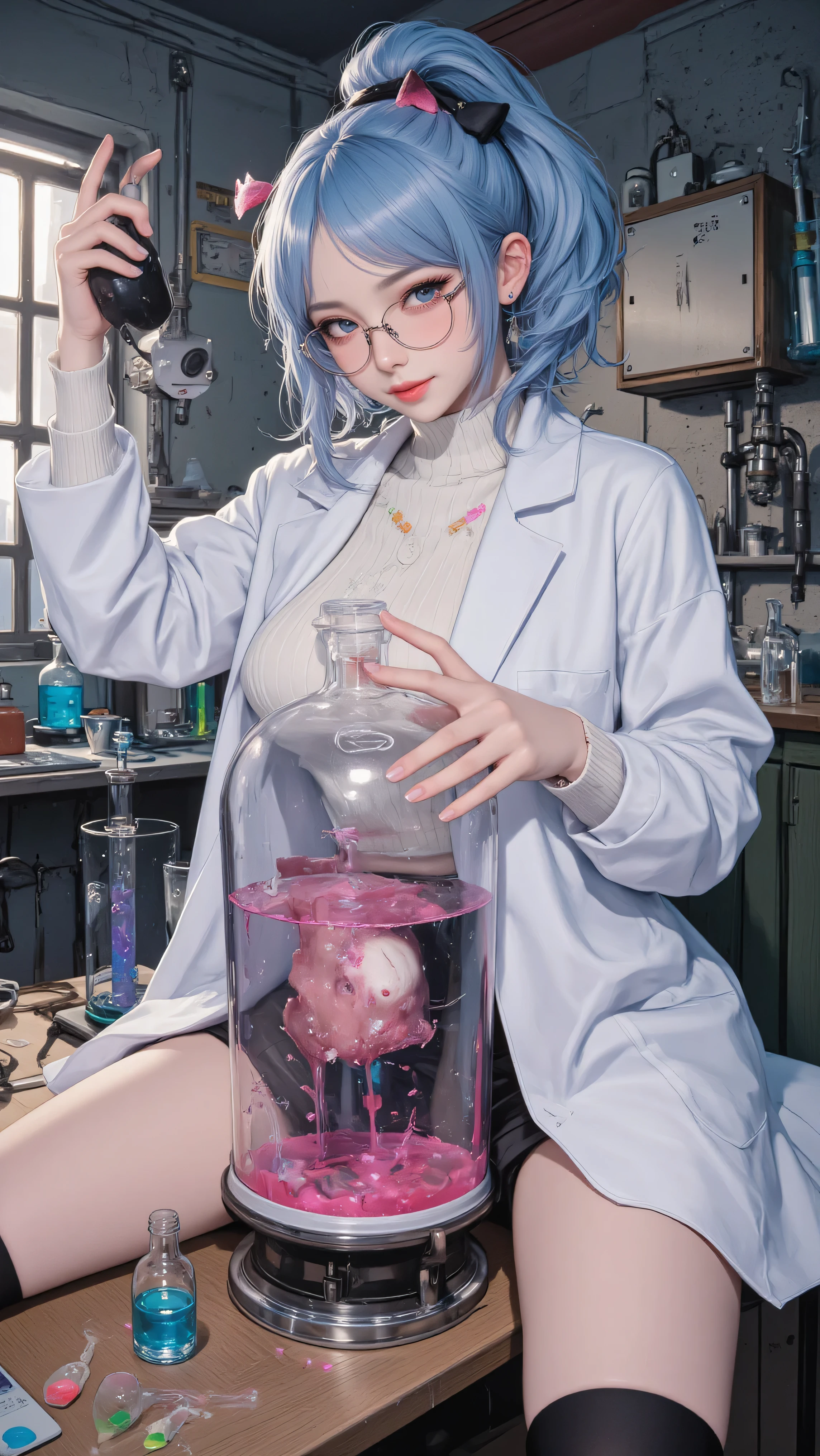 (masterpiece, best quality, amazing quality, very aesthetic, absurdres, newest, good anatomy, good finger), (laboratory, A large liquid-filled incubation chamber, center), (A chunk of meat with one eye, mysterious machine) BREAK holding the Hatching Chamber) BREAK Experimental, White coat BREAK white sweater BREAK tight black mini skirt BREAK (1girl, mad scientist, big tits, big ass, crazy eyes, big round glasses, evil smile, Jagged teeth, shaggy blue hair), flask full of potions, (dynamic angle, animate action, Round flask, test tube, colorful liquids)