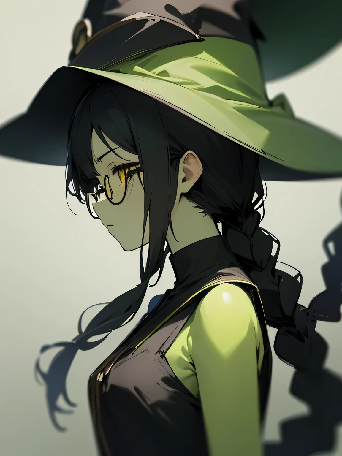 (sideview),Alone, in the seat, Witch Dress , witch hat , glasses,( expressionless ), Green Skin, black hair, yellow eyes, (black color single braid) ,( manga style),(sketch),(illustration), Masterpiece, Best Quality ,