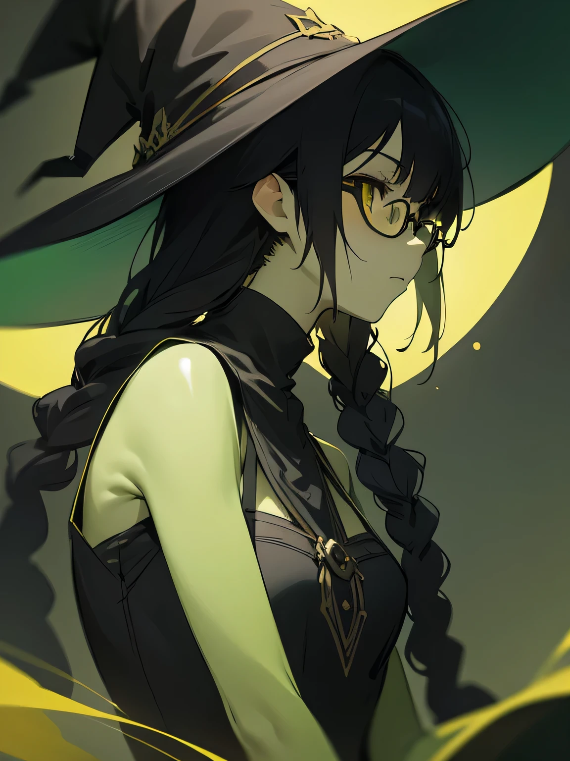 (sideview),Alone, in the seat,  Witch Dress ,  witch hat , glasses,( expressionless ), Green Skin,   black hair,  yellow eyes,  (black color single braid) ,( manga style),(sketch),(illustration), Masterpiece, Best Quality ,