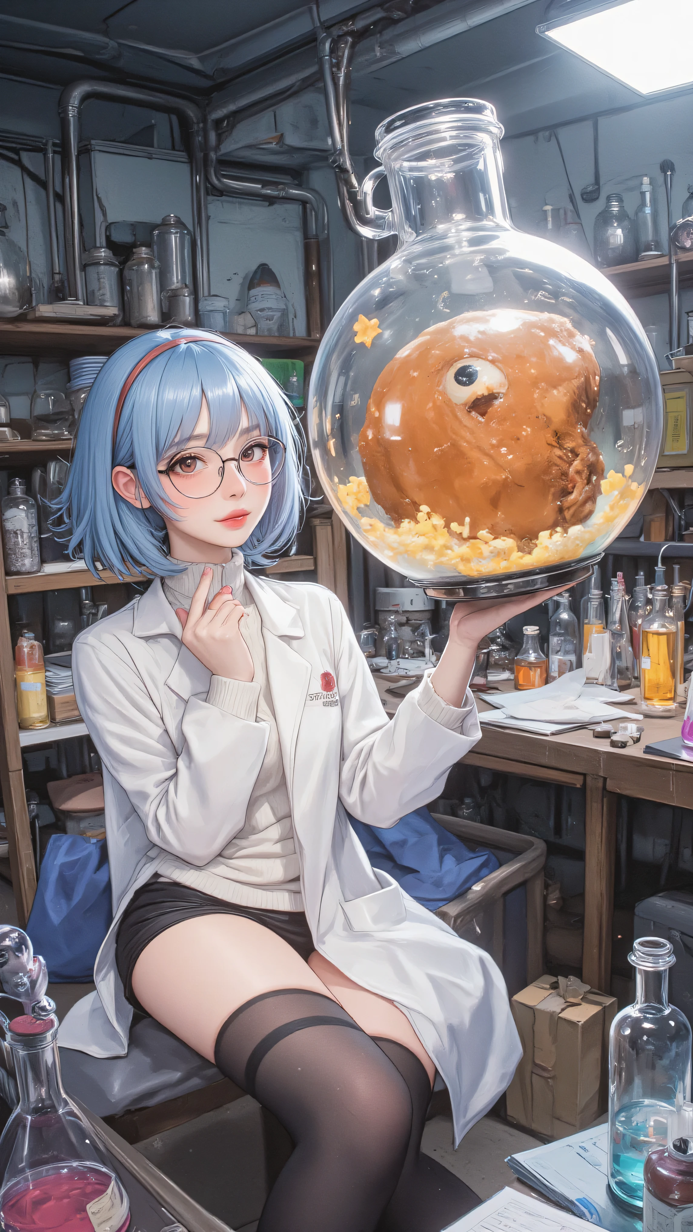(laboratory, A large liquid-filled incubation chamber, center), (A chunk of meat with one eye) BREAK holding the Hatching Chamber) BREAK Experimental, White coat BREAK white sweater BREAK tight black mini skirt BREAK (1girl, mad scientist, big tits, big ass, crazy eyes, big round glasses, evil smile, Jagged teeth, shaggy blue hair), flask full of potions, BREAK (masterpiece, best quality, amazing quality, very aesthetic, absurdres, newest) BREAK dynamic angle, animate action, Round flask, test tube, colorful liquids, mysterious machine