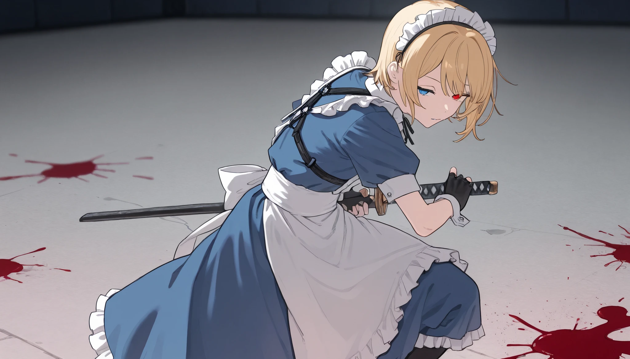 1girl, solo, standing, from side, newest, highres, highly detailed, best quality, masterpiece, stylish pose, (soldiers being cut, those who have fallen background),
(weapon, katana, waist holding katana:1.5, perfect katana, point the blade far away), (light blue maid dress), white maid apron, black fingerless gloves, short sleeves, black Headband, black ribbon, splattered blood, heavy bleeding, blood in hair, blood on clothes, pool of blood, black Body harness, soldiers being cut,
Expressionless, half closed eyes, slit pupils, heterochromia, lightblue eye, red eye, bangs, blonde hair, bob cut,
score_9, score_8_up, score_8,source_anime,