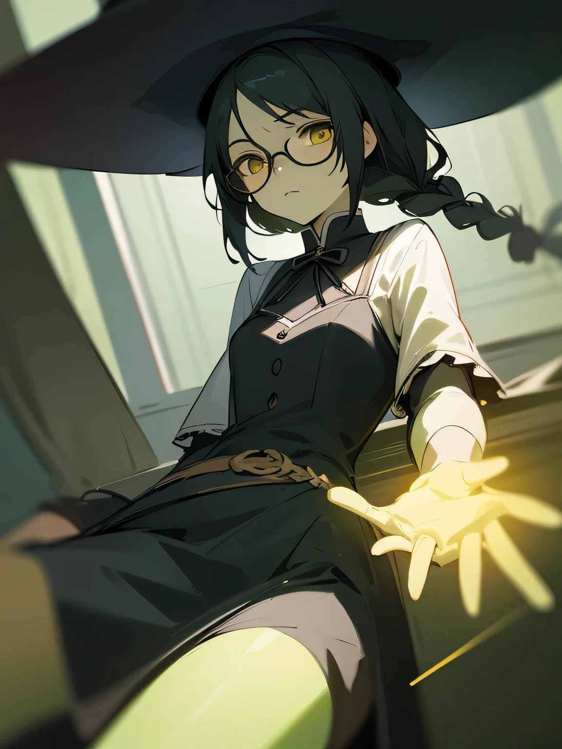 (dutch angle),Alone, in the seat, Witch Dress , witch hat , glasses,( expressionless ), Green Skin, black hair, yellow eyes, (black color single braid) ,( manga style),(sketch),(illustration), Masterpiece, Best Quality ,