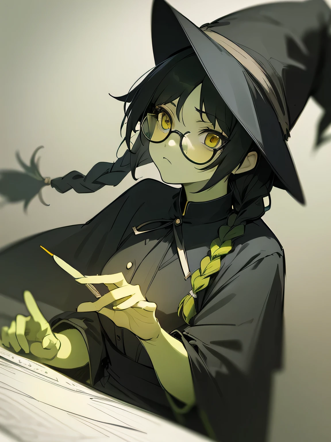 (dutch angle),Alone, in the seat, Witch Dress , witch hat , glasses,( expressionless ), Green Skin, black hair, yellow eyes, (black color single braid) ,( manga style),(sketch),(illustration), Masterpiece, Best Quality ,