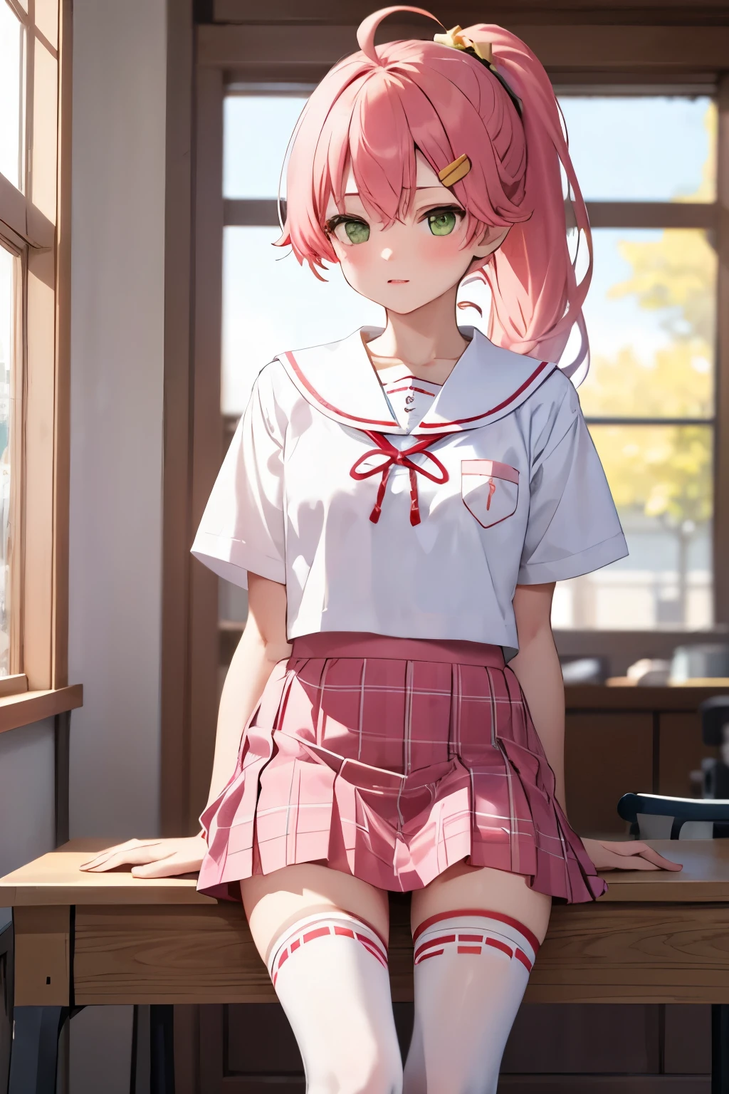 masterpiece, best quality, 1 girl, solo, MikoSchool, ahoge, ponytail, hairclip, , white shirt, sailor collar, pink skirt, plaid, thighhighs, short sleeves, looking through legs,