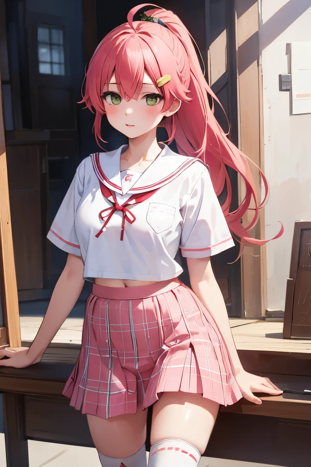 masterpiece, best quality, 1 girl, solo, MikoSchool, ahoge, ponytail, hairclip, , white shirt, sailor collar, pink skirt, plaid, thighhighs, short sleeves, looking through legs,
