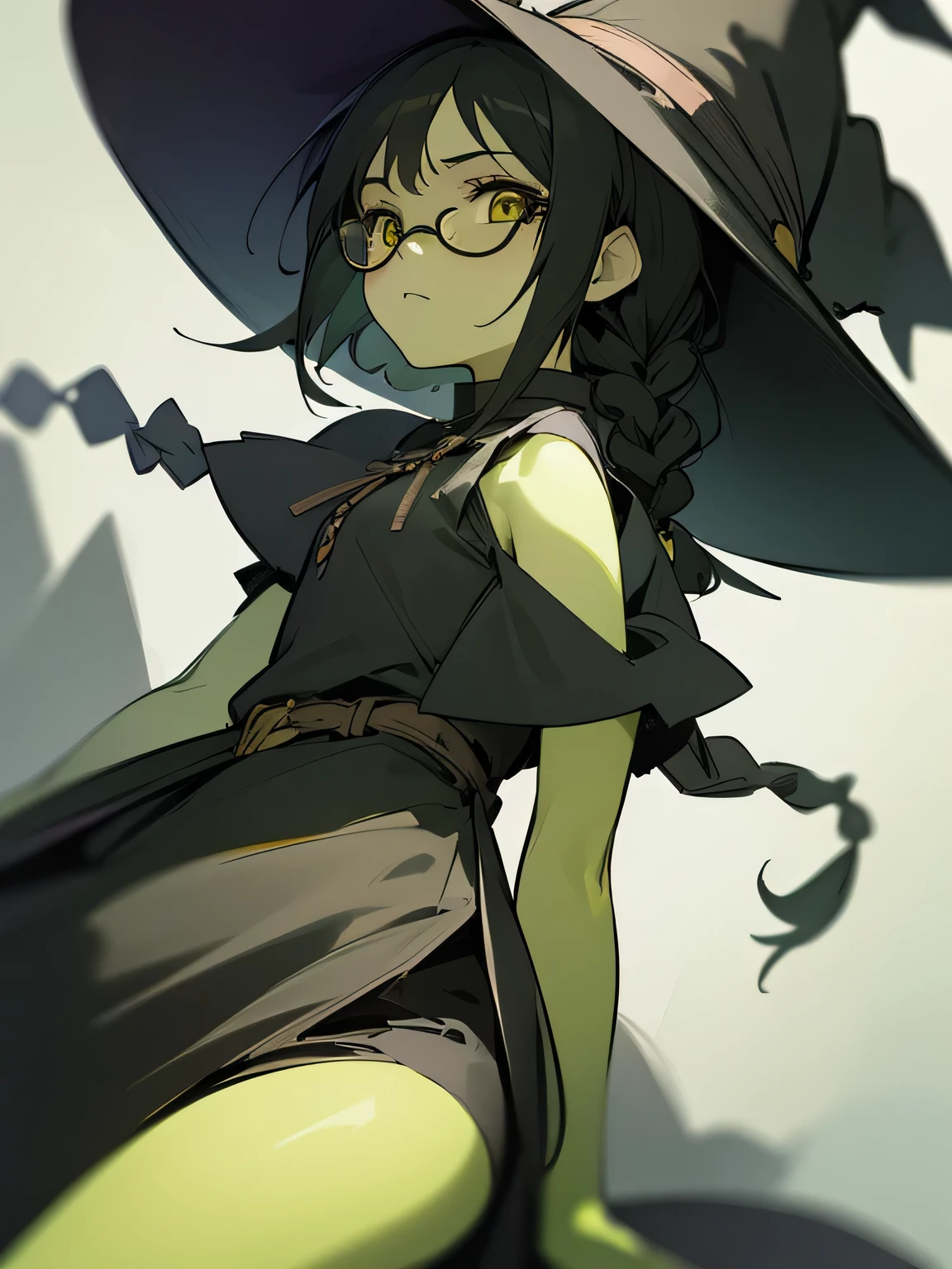 (dutch angle),Alone, in the seat, Witch Dress , witch hat , glasses,( expressionless ), Green Skin, black hair, yellow eyes, (black color single braid) ,( manga style),(sketch),(illustration), Masterpiece, Best Quality ,
