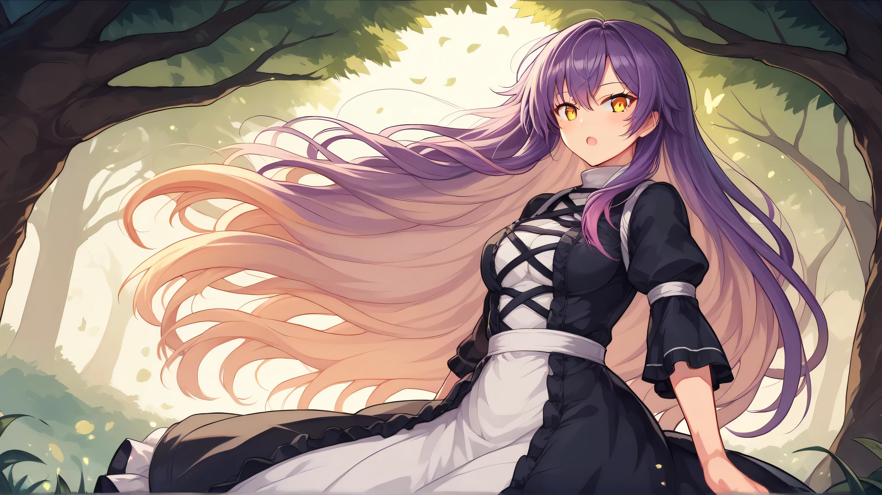  score_9,  score_8_ up the side,  score_8,  score_9,  in the seat,   source_Anime, holy white lotus,  purple hair,   blond hair left and right,  two-tone hair,  black dress, white dress,  layered dress, Crossed Clothes ,  long hair,  yellow eyes,  viewers, null,Fantasy Forest、Ogawa、rainbow、butterfly、The girl is 、