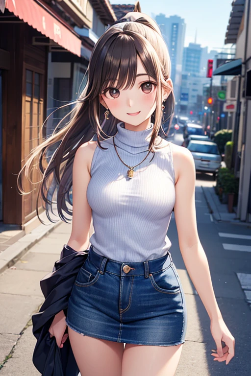 cute beautiful girl,beautiful skin, high quality,4K resolution, intricate details,、japanese women、、high school girl、 1 girl, long hair、black hair, beautiful hair、(cute 1.5)、medium breasts, (black tank top、mini skirt 1.3)、with open chest、hairpin, Sky tree、sidewalk, (portrait:1.4)、smile、((v sign))、