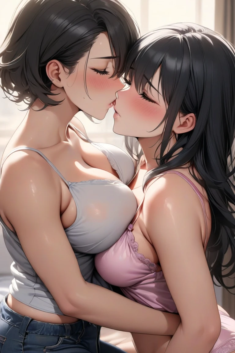 Two teenage girls，Angry expression，Equal height，At the bed，Black hair ponytail，Face to face, staring at each other，Embrace，Two bodies approaching，kiss、Photo of the two of them、Holding hands and facing each other、向かい合うPhoto of the two of them、Push each other、together、,highest quality,1 girl,kiss_tonguetongue,,tongue、Two Girls、together舐める、Girls facing each other、抱き合いながらkiss、Huge 、向かい合ってkiss、Embrace、Skinny jeans、Huge乳房、Nipples visible、Upper body naked、超Huge乳房