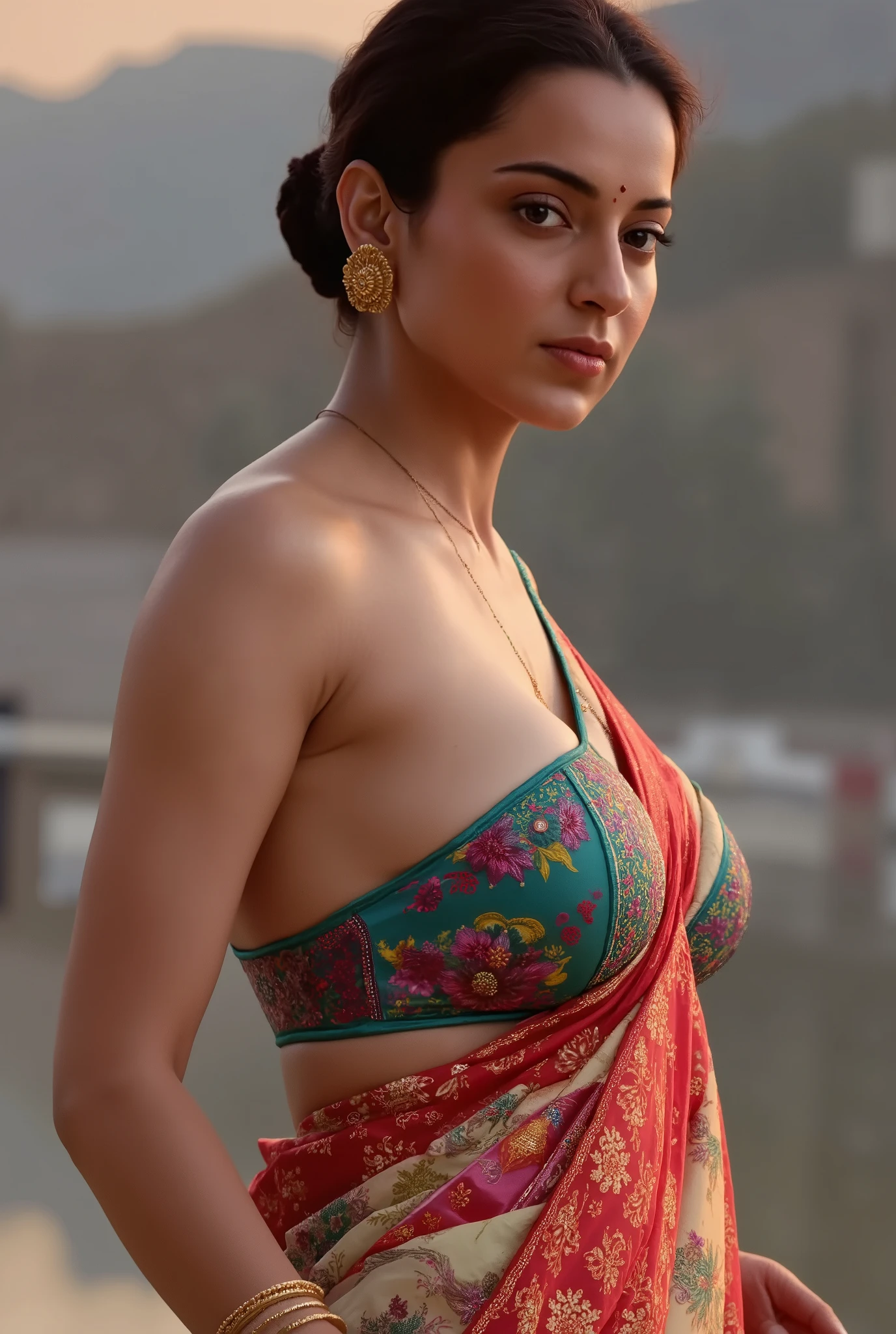 a beautiful woman in a saree, bare back, topless, detailed portrait, highly detailed face, detailed eyes, realistic, photorealistic, 8k, cinematic lighting, bright color tones, glowing skin, intricate fabric details, elegant pose, dramatic shadows, golden jewelry, mystical atmosphere, busty naked , Pooja