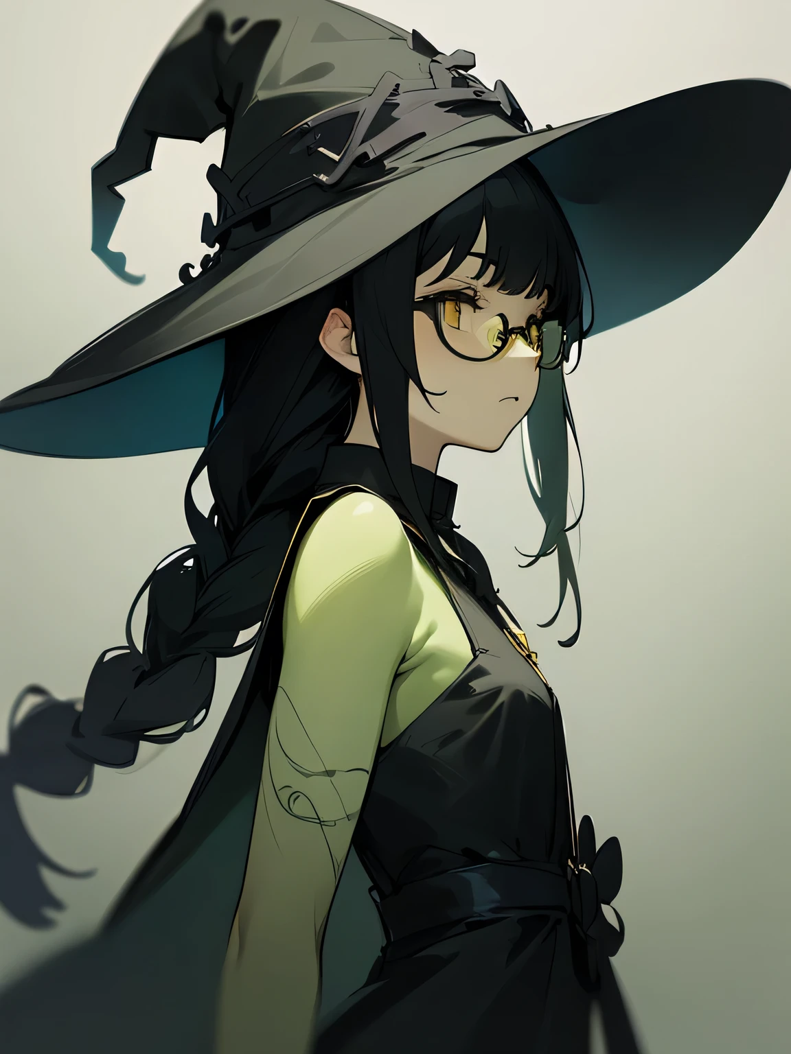 (sideview+),Alone,(upperbody), in the seat, Witch Dress , witch hat , glasses,(sad profile), Green Skin, black hair, yellow eyes, (black color single braid) ,( manga style),(sketch),(illustration), Masterpiece, Best Quality ,