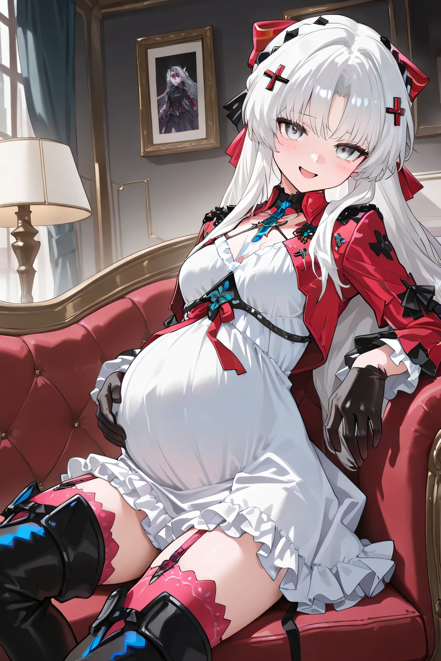 (Best quality, 4k, 8k, high resolution, masterpiece:1.2), ultra detailed, intricate details,SOLO,beautiful girl, alone, middle hair, white hair, bangs, gray eyes, small-medium breasts, perfect smooth skin, looking at viewer, pain slightly, head titled, (Pregnant:1.1), Carlotta, at house on luxury sofa, red edge sock, black thight-high socks, black socks, open mouth, smile lighly, blush, black glove, (pridefull_expression:1.0), (white frilly dress:1.3), red ribbon, (blue floral hairpins:1.0), black gloves, red jacket with slit sleeves, (pink thigh-high socks:1.2), (black armored high-heeled thigh-high boots:1.2),