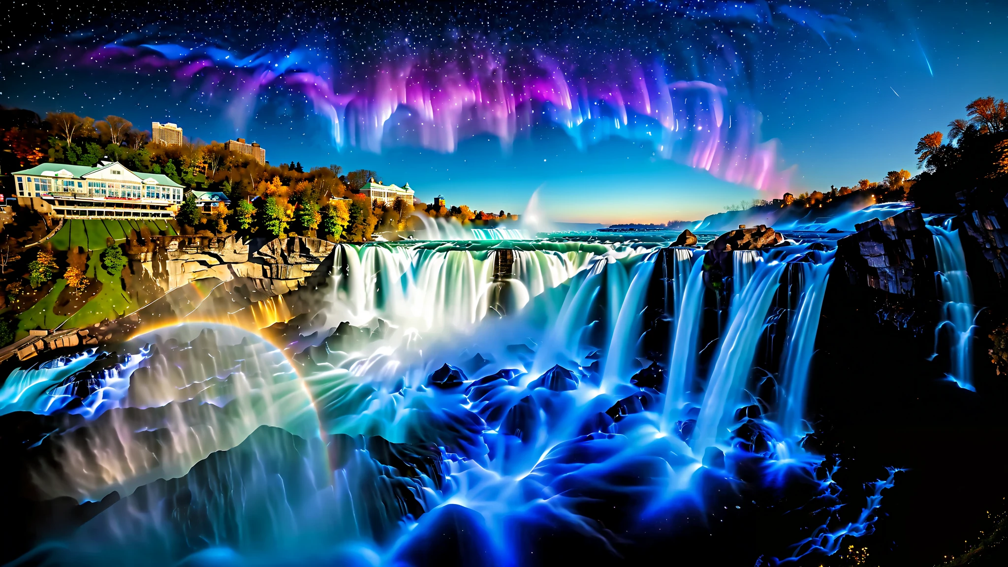 A masterpiece in 32K resolution , Top Quality , very detailed, realistic expression, high-resolution 32K wallpaper , shot with a fisheye lens , The flow of many layers of waterfall , Niagara Falls , spectacular scale ,A very high waterfall with ,Bird's Eye View, very detailedな特徴, Amazing Details . spectacular waterfall that falls directly from the starry sky , falling on metal , shining cliff surface . sparkling blue and purple water , holographic streams intertwine . bioluminescent flowers and trees 々 shining at the bottom of the valley 々 magazine in photos , Its Leaves Reflect the Light of Water . floating light that envelops the scene , mysterious addition , creates an otherworldly atmosphere ., } countless stars in the background 々 and galaxy clusters ,Mysterious charm, Mysterious Atmosphere , fantastic atmosphere with splashes of water ,