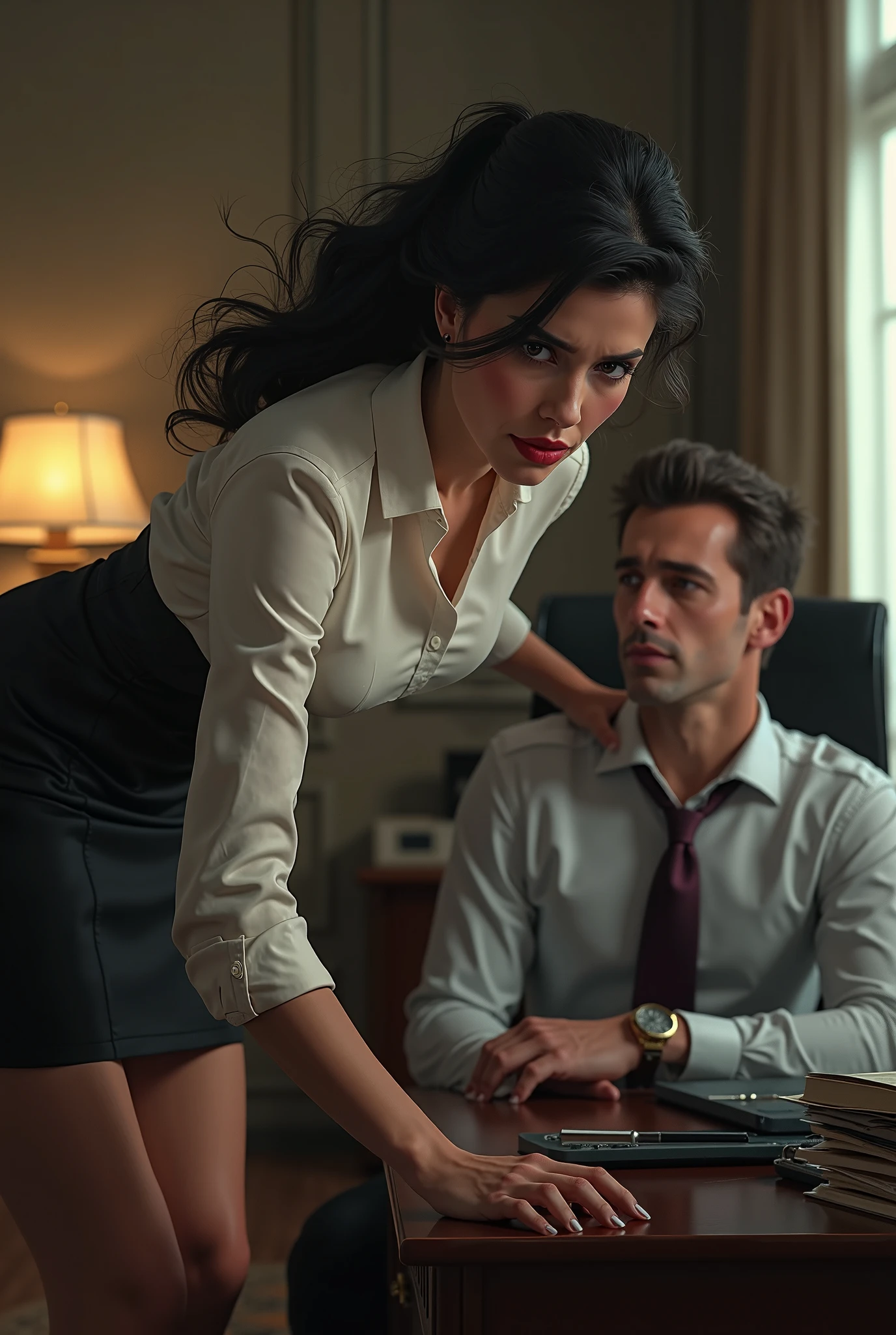 The man in his 45s with black very short hair and smooth face with moustache. The woman in her 45s with brown wavy long hair. The man is wearing an unbottoned white shirt and black suit. The woman is wearing a green dress. In the dark bathroom. The woman is leaning at the counter. The man is pulling the woman's hair. Doggy sex. The woman is moaning. Orgasm. Passion. Erotic. Night. Dim environment. Realistic. Ultra realistic.