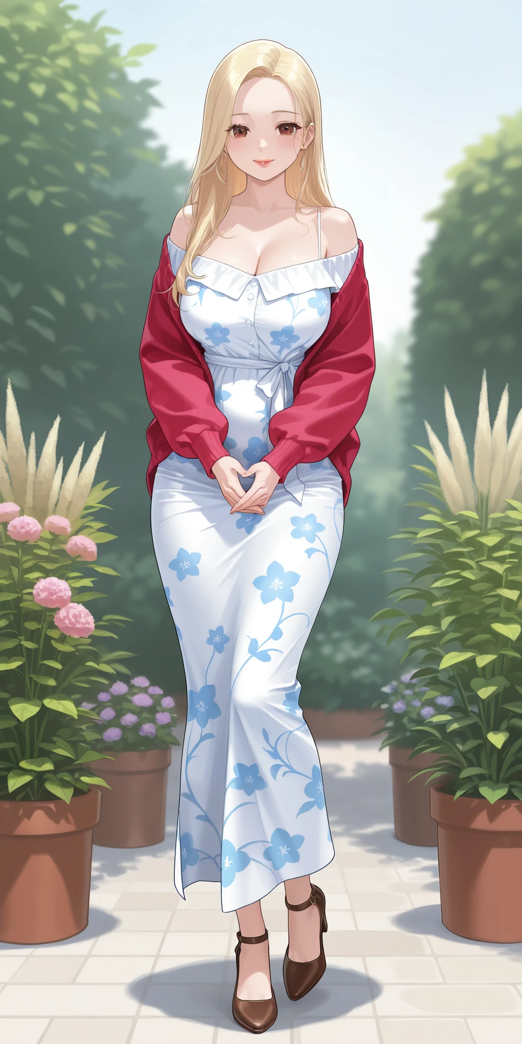 An extremely beautiful woman with blonde hair. She has extremely fair white natural skin, red plump lips, big brown eyes, and a slim yet slightly curvy body. She's wearing a long sky-blue floral dress with spaghetti straps, a pink front-open sweater worn in an off-shoulder style, and brown heels. She's standing straight, smiling, hands joined together, garden background, show full body.