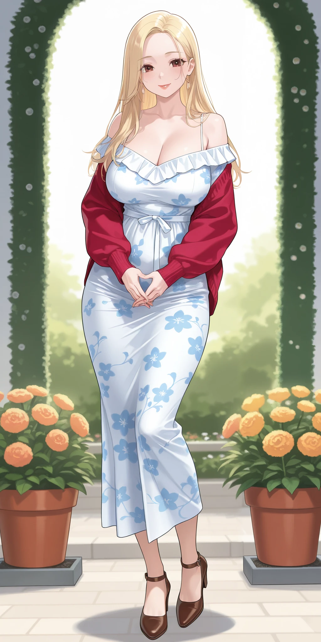 An extremely beautiful woman with blonde hair. She has extremely fair white natural skin, red plump lips, big brown eyes, and a slim yet slightly curvy body. She's wearing a long sky-blue floral dress with spaghetti straps, a pink front-open sweater worn in an off-shoulder style, and brown heels. She's standing straight, smiling, hands joined together, garden background, show full body.