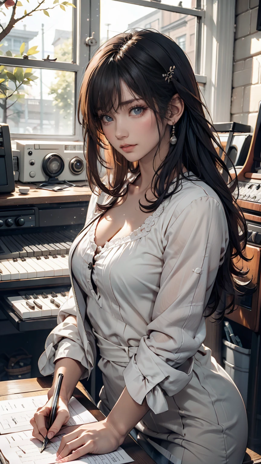 19-year-old female、Twin tails、Sexy proportions、Sexy、Eyeshadow、lipstick、Playing the guitar、Recording Studio、Recording Room