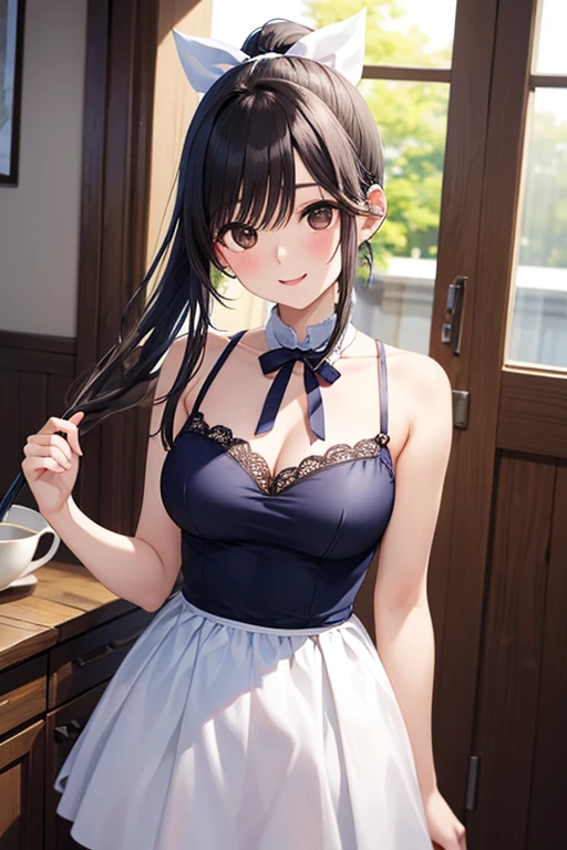 a girl with dark-colored hair and round eyes, in a light blue micro bikini and low apron, buxom