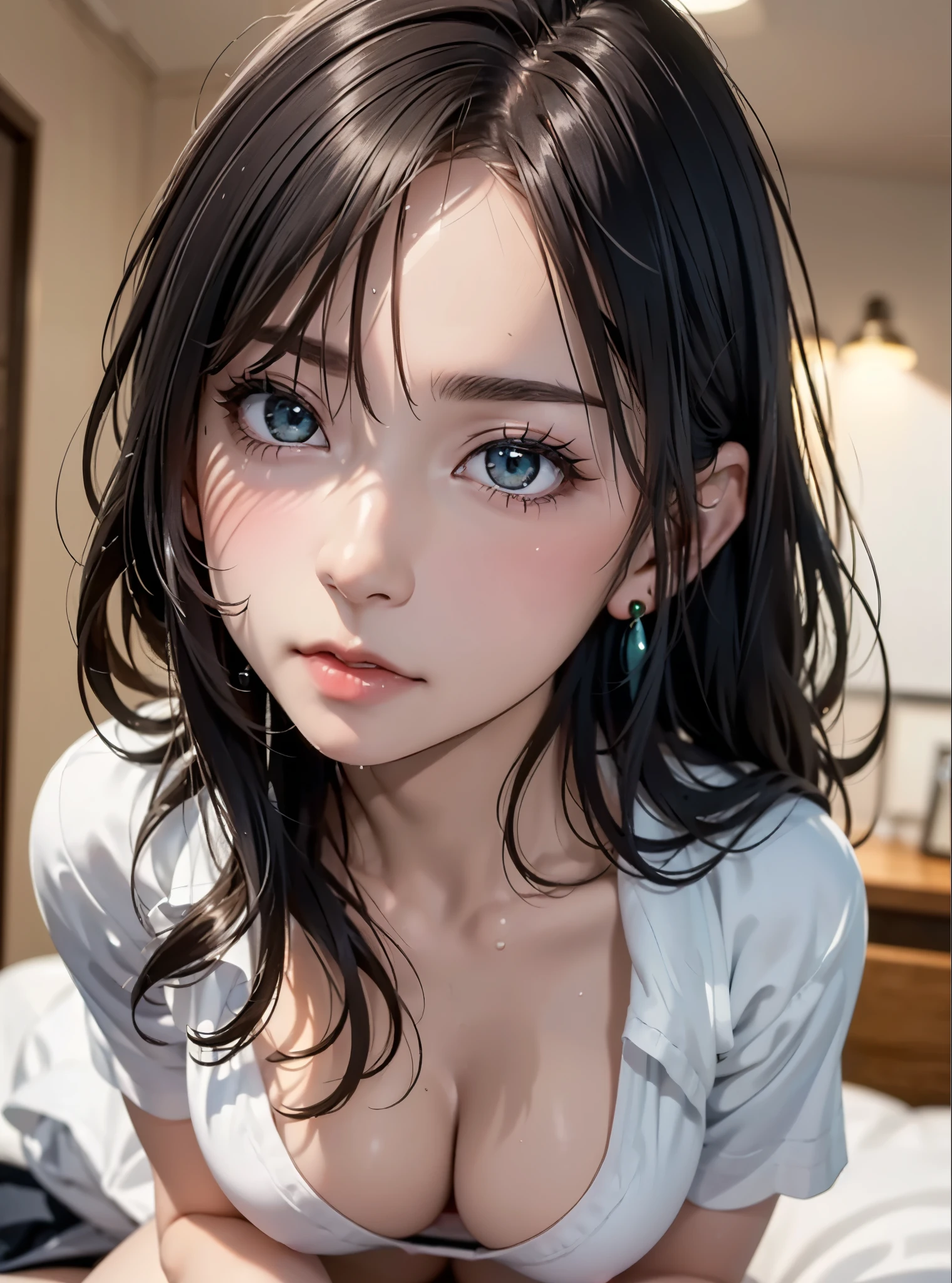 ((beatiful girl:1.3)) ((under wear:1.4)) ((on the bed:1.4)) ((stylish hotel:1.2)) ((sweat:1.5)) best quality,masterpiece,ultra high res,(photorealistic:1.4),raw photo,(Authentic skin texture:1.3),(film grain:1.3),studio strobe photography,detailed skin,panorama,character portrait,very wide shot,narrow waist,cowboy shot,(in the dark, deep shadow, low key, cold light,) night,(()),streaming tears,dust,Tyndall effect,(expression),,beautiful detailed eyes and face,brown eyes, ((full body:)) ((close up:)) ((afterglow)) ((aroused:1.3)) ((wet:1.1)) ((lying down))