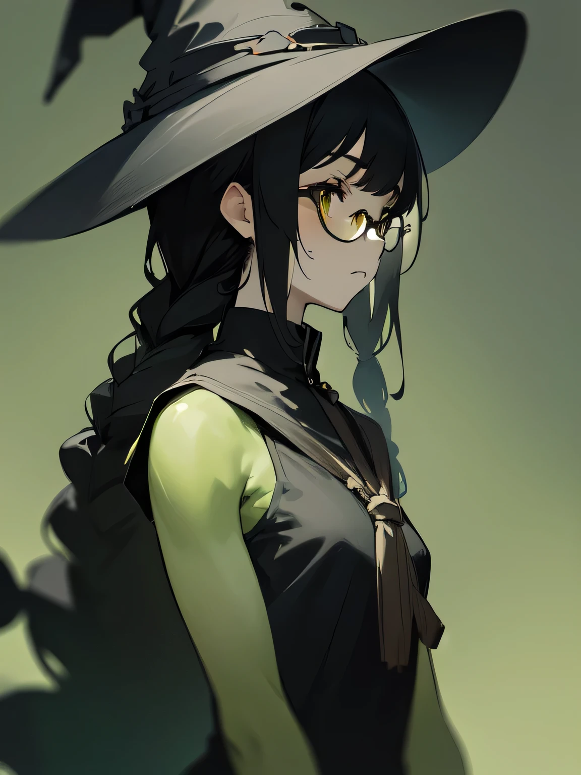 (sideview+),Alone,(upperbody), in the seat, Witch Dress , witch hat , glasses,(sad profile), Green Skin, black hair, yellow eyes, (black color single braid) ,( manga style),(sketch),(illustration), Masterpiece, Best Quality ,