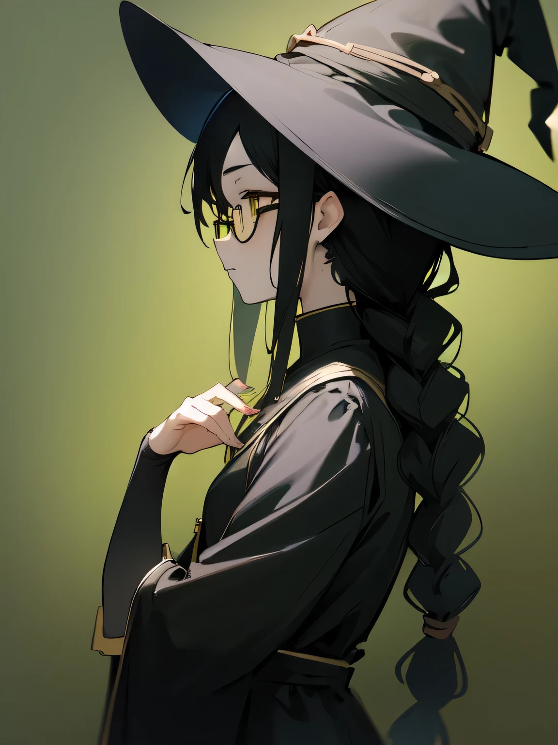 (sideview+),Alone,(upperbody), in the seat, Witch Dress , witch hat , glasses,(sad profile), Green Skin, black hair, yellow eyes, (black color single braid) ,( manga style),(sketch),(illustration), Masterpiece, Best Quality ,
