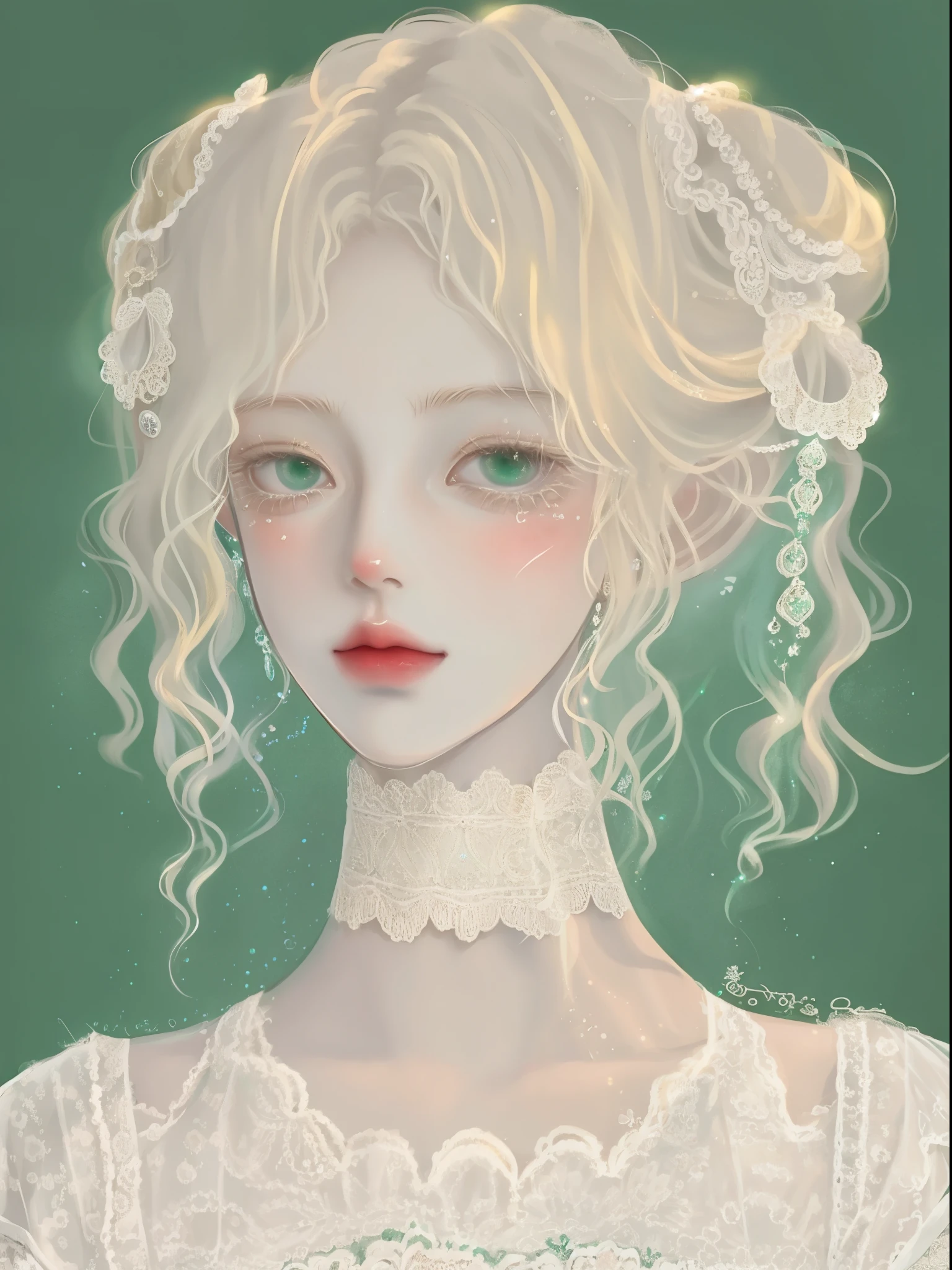 A beautiful noblewoman with platinum blonde hair and emerald green eyes, wearing an elegant Victorian-style dress with lace and frills, soft lighting, anime-style, highly detailed, delicate shading