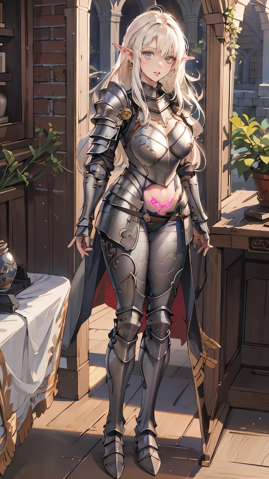 1girl, elf, (elf ear),(tall stature elf), full body, woman in her 20s, (((only 1person))), large breast, (((open chest, womb tattoo))), With a round face, Round jaws, Close-up of a woman in armor, Armor girl, female knight, full armor, full armor, gorgeous female paladin, female knight, of a Beautiful female knight, Beautiful armor, Plump, full armor, armor, Gorgeous full-body armor, Stunning armor, Trending with Art Station Pixiv, Beautiful female knight, happy look, looking at viewer, knight armor, standing, BRAKE background is dungeon, darkness,