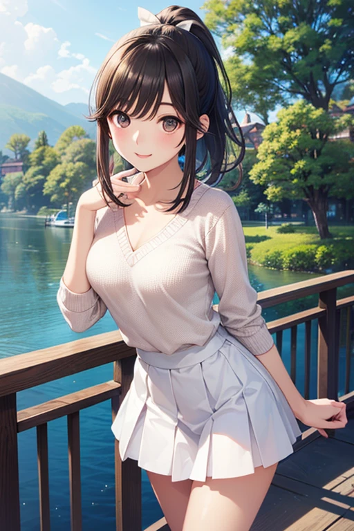very cute and beautiful girl,(very detailed美しい顔と目:1.2), white camisole,大きなwoodの下に立っている,dynamic angle break (smile),blush,looking at the viewer,(blue pleated mini skirt:1.2),(skirt lift,white panties), rural area,along the narrow river,bridge,wood,detailed landscape,black hair,twin blade, (highest quality,masterpiece:1.2),intricate details,32K,very detailed,High resolution,movie-like scene,