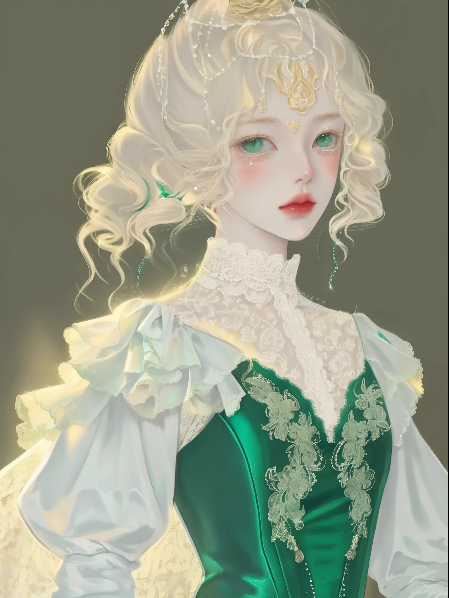A beautiful noblewoman with platinum blonde hair and emerald green eyes, wearing an elegant Victorian-style dress with lace and frills, soft lighting, anime-style, highly detailed, delicate shading