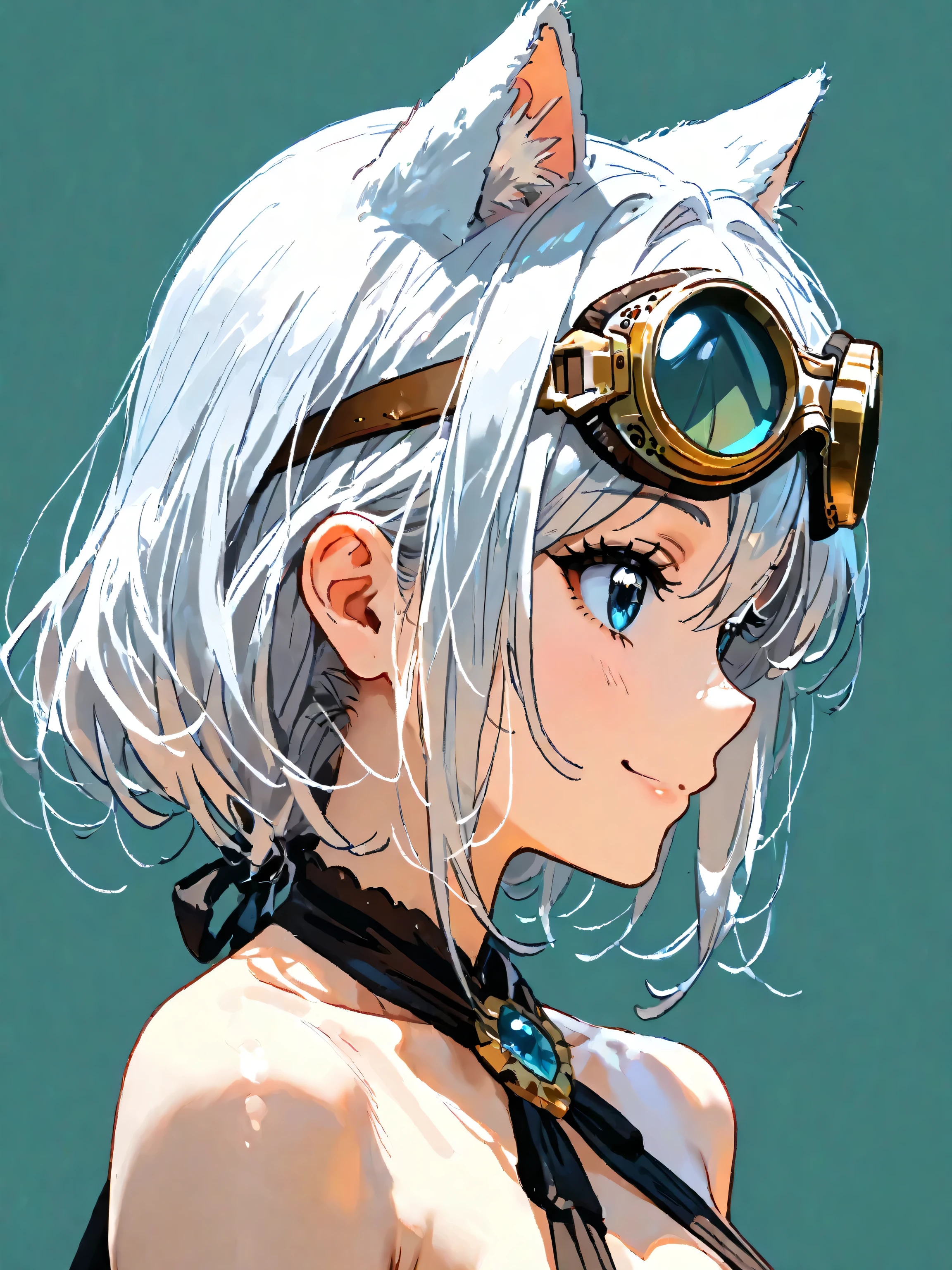 1girl, (No outline), simple background , simple profile , Goggles and cat ears, women in the world always wear goggles and cat ears, she wears cutting-edge gold goggles, beautiful girl, sexy, silver white hair, blue eyes, smile, kawaii