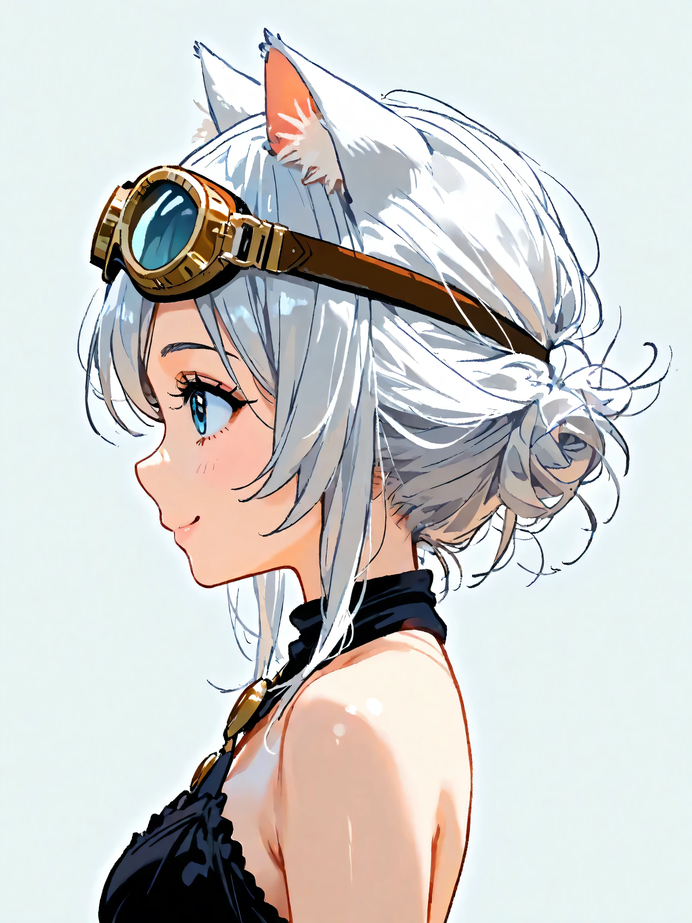 1girl, (No outline), simple background , simple profile , Goggles and cat ears, women in the world always wear goggles and cat ears, she wears cutting-edge gold goggles, beautiful girl, sexy, silver white hair, blue eyes, smile, kawaii