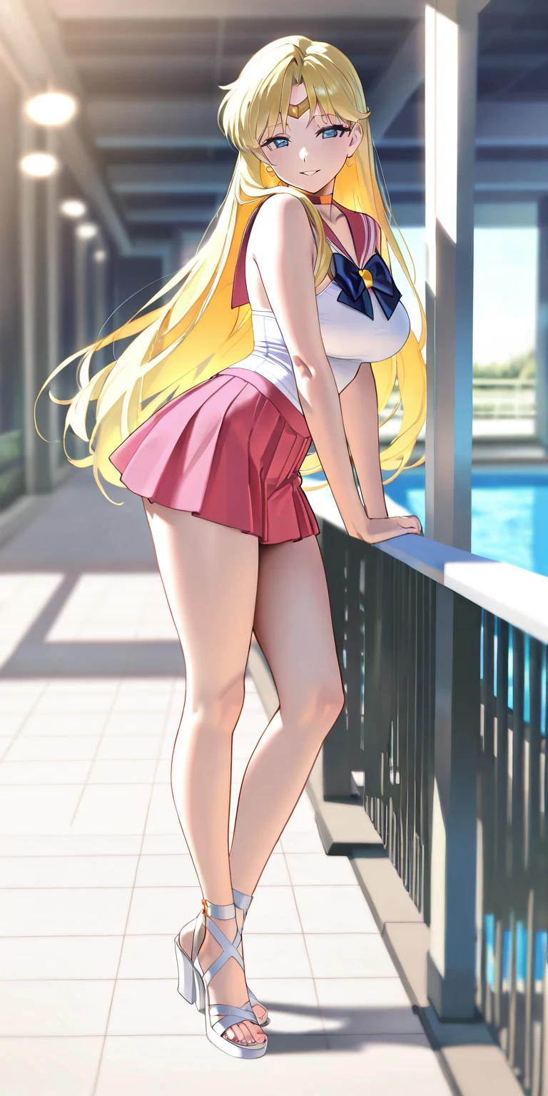 A woman with big ,Gorgeous woman,Mature,((ahegao)),Beautiful Wife,Long blond hair,Exquisite,Transparent shirt,Pleated Skirt,Slim waist,Showing belly,Smooth legs,blush,swimming pool,Colorful flowers,