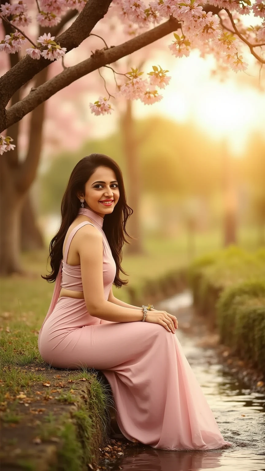 A woman in a light pink saree sits beneath a cherry blossom tree, her long, thick braid resting over her shoulder. The petals slowly drift down around her, landing on her bare arms and shoulders. The golden sunset filters through the trees, creating a soft, romantic glow. She gently lifts the edge of her saree, revealing her delicate ankle as she dips her toes into a nearby stream.