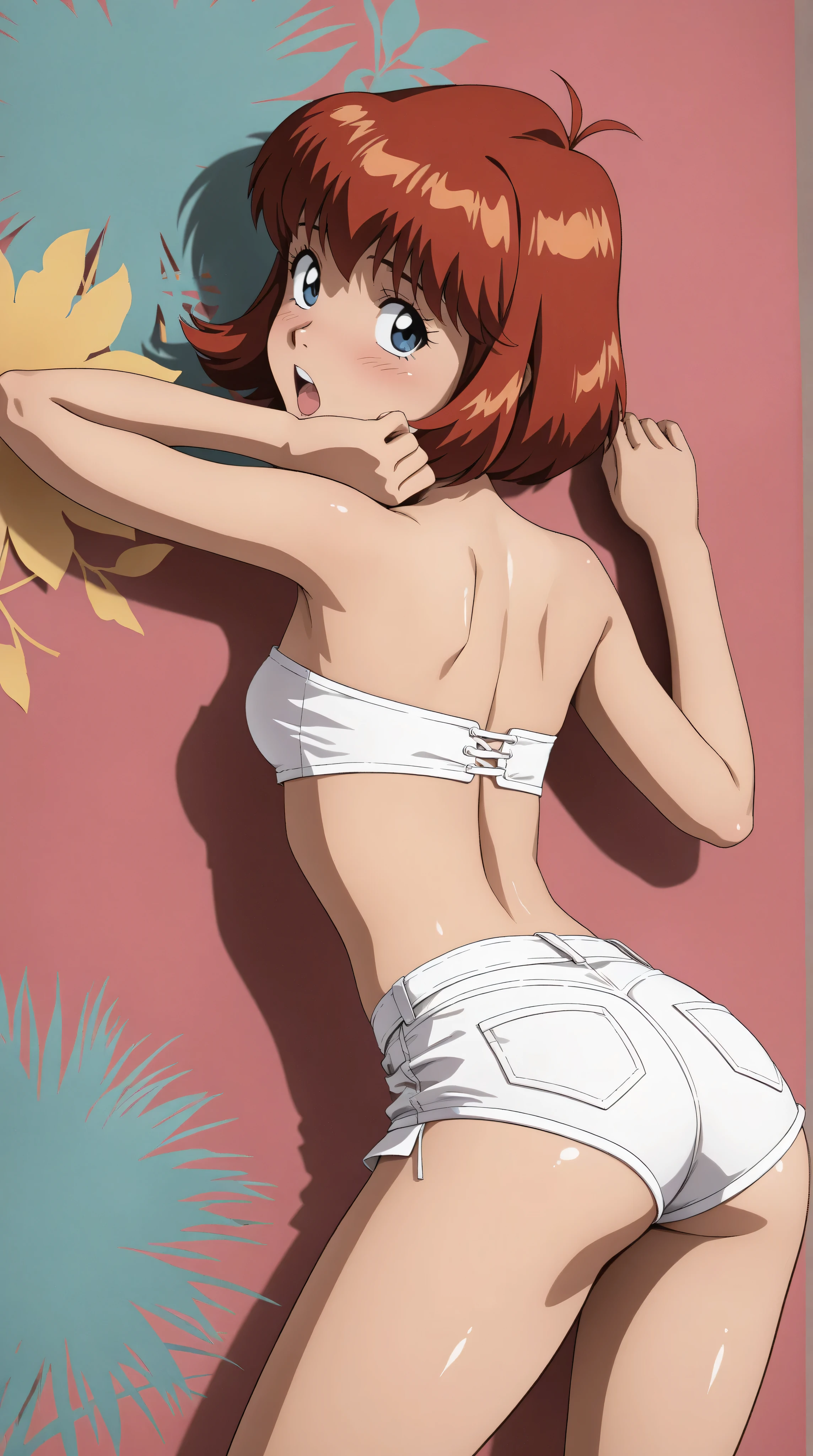 1 girl, Hiyama Hikaru, (Masterpiece, Best Quality, High Quality),(NSFW:1.3) cowboy shot,(from side),moist skin,volumetric lighting, illustration, beautiful, (see through camisole :1.1), big breasts, cleavage, floral print, looking at viewer,confident, seductive smile, (arms behind back, head tilt:1.1),hand on hip,heart pendant, perfect lighting, perfect shadows, flower, (breathtaking scenery:1.1), tree, blushing, outdoors 