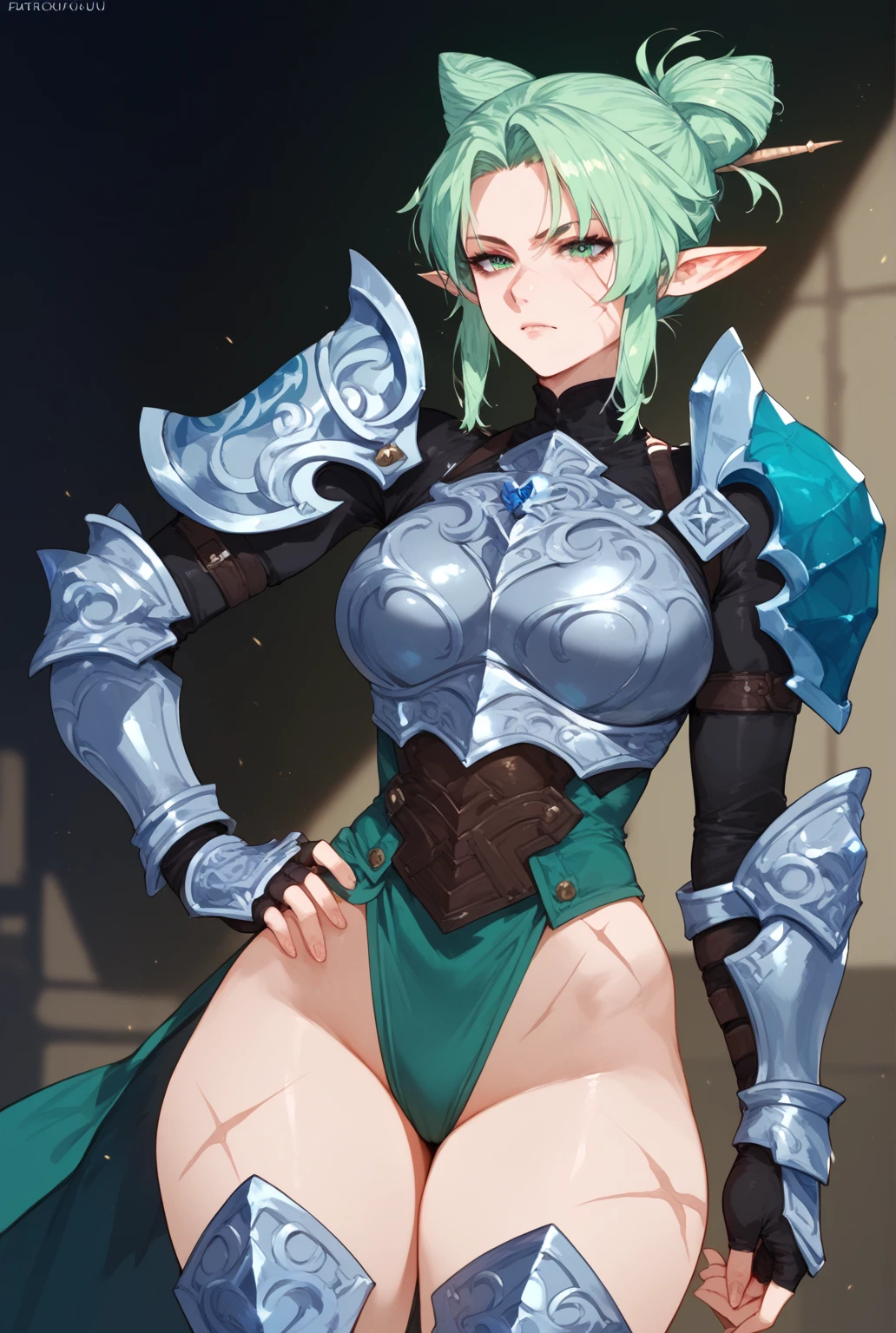 nsfw, nasty elf race fighter, knight, anime style woman, slim, super big, abs, muscles, full body figure, standing pose, dynamic, silver short hair, green eyes, slanted eyes, hair between eyes, messy hair, gentle and attractive, bare shoulders, delicate and sexy collarbone, full body photo, attractive oval face, double eyelids, pink lips, small nose, ultra high definition, super detail, elegant posture, Ultra-fine translucent micro bikini armor, bite, glitter skin, sweat, thigh emphasis