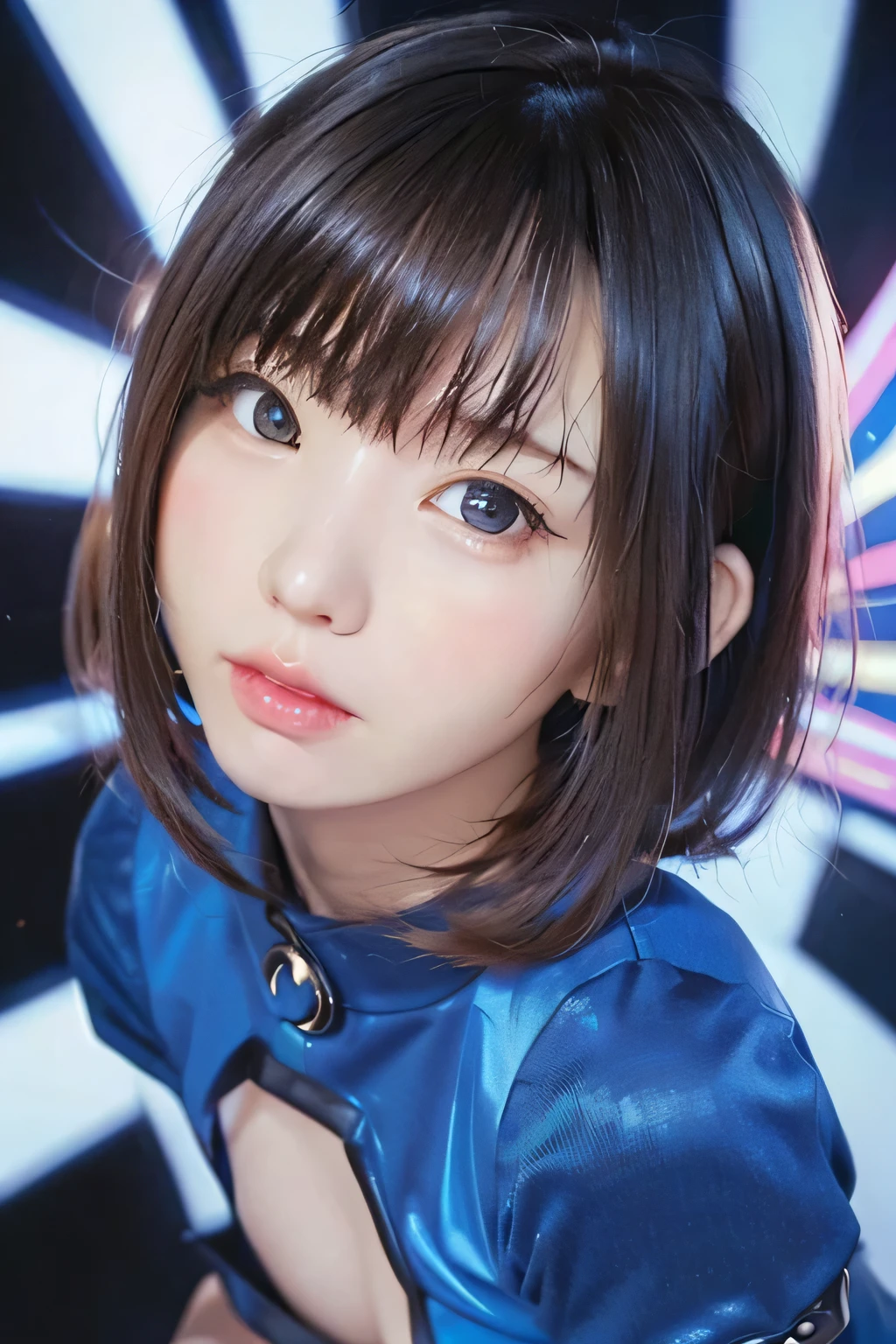 ( Masterpiece、 top quality、 super detailed depiction、 ultra high resolution)、(face shot close-up:1.3)、 girl、solo、((small ))、(( front close))、 cute、 idol face、( psychedelic:1.4)、(geometric:1.4)、(Shining Blue World:1.4)、(kawaii punk:1.3)