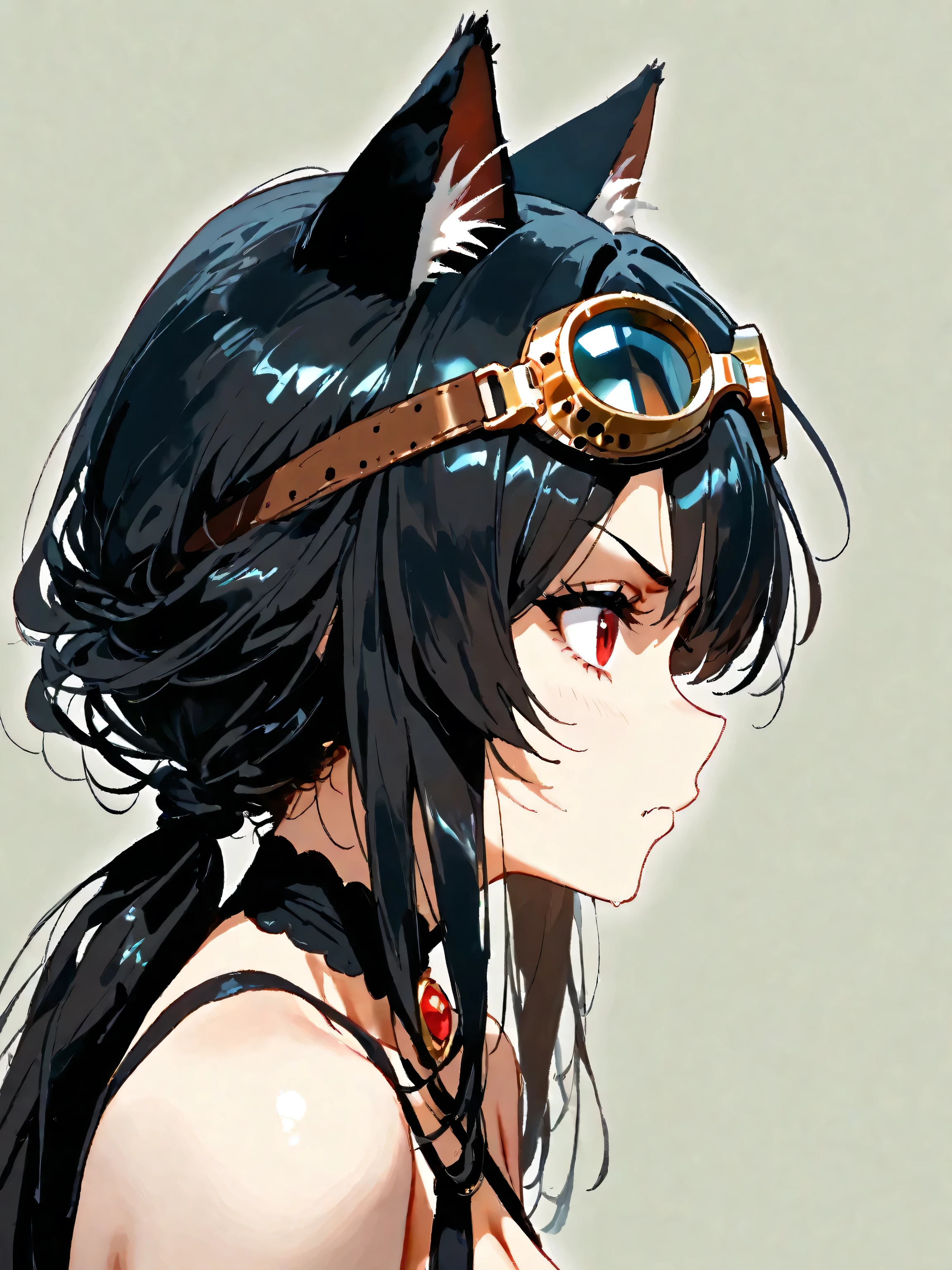 1girl, (No outline), simple background , simple profile , Goggles and cat ears, women in the world always wear goggles and cat ears, she wears cutting-edge gold goggles, beautiful girl, sexy, deep black hair, red eyes, angry