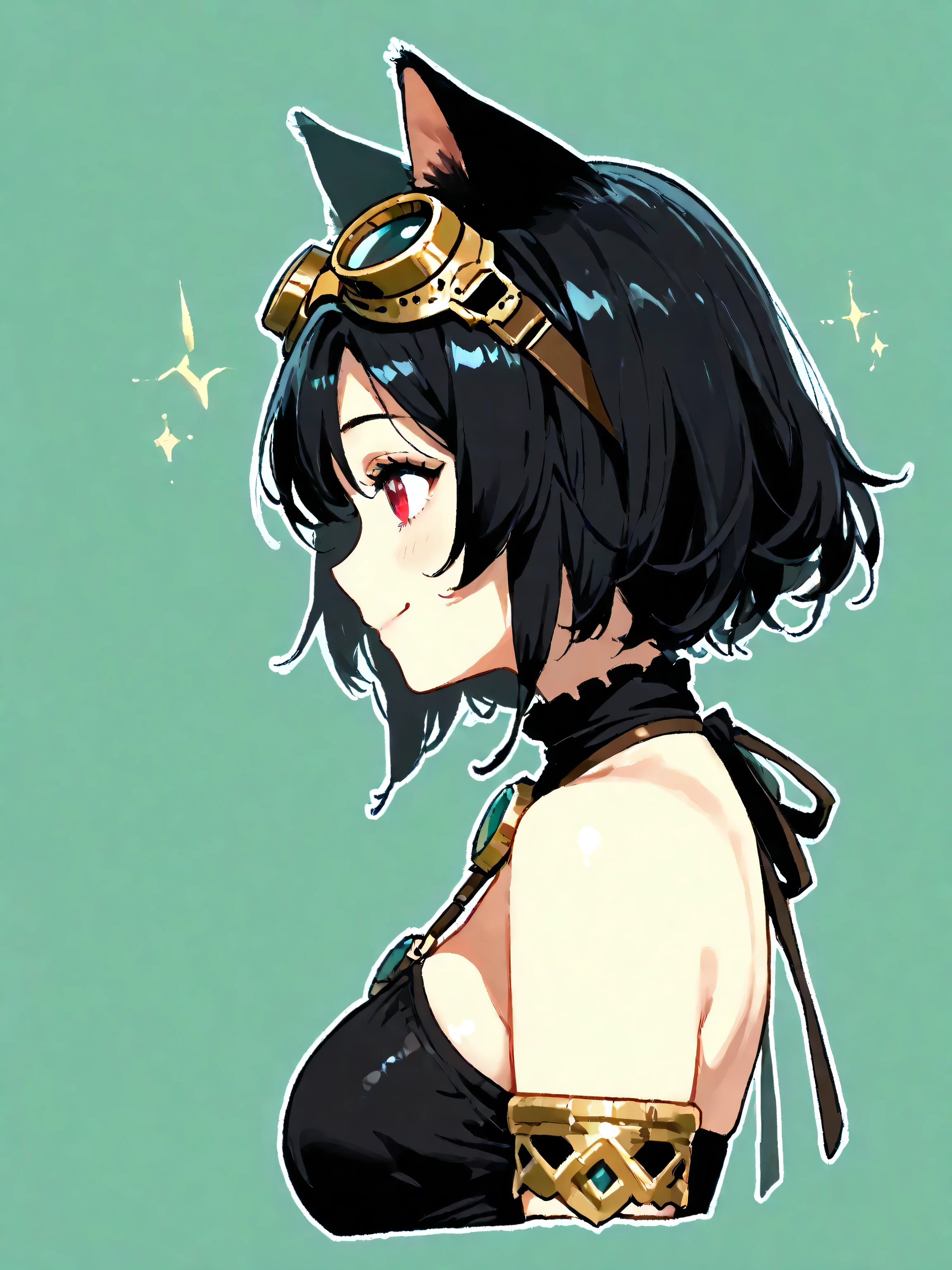 1girl, (No outline), simple background , simple profile , Goggles and cat ears, women in the world always wear goggles and cat ears, she wears cutting-edge gold goggles, beautiful girl, sexy, deep black hair, red eyes, smile