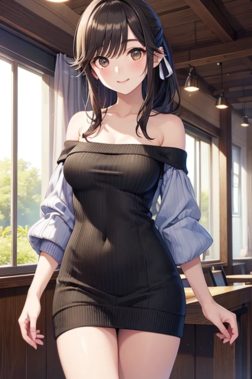 (small breasts:1.3), (perky chest:1.1), (pointed chest:1.0), (fashion magazine cover:1.3)，(from below:1.0),(from side:0.9),masterpiece, 1girl, Amazing Cleavage:1.1, thin waist, big ass, Raised sexy, small breast: 1.3, posed cleavage:1.2、solo, looking at viewer, open mouth, have a cute grass of cute beergrass,black hair, dark green eyes, dress, bare shoulders, jewelry, collarbone, sidelocks, hairband, earrings, indoors, off shoulder, :o, sweater, arms behind back, plant, short hair with long locks, gild hairband, off-shoulder dress, sweater dress, off-shoulder sweater, red sweater, dark gord hair, big side hair, very long side hair,is rendered in (masterpiece: 1.2, best quality), with (ultra high resolution) and an exquisite (depth of field). This masterpiece is not only visually stunning but also tells,A scene of cooking in the kitchen by classroom 